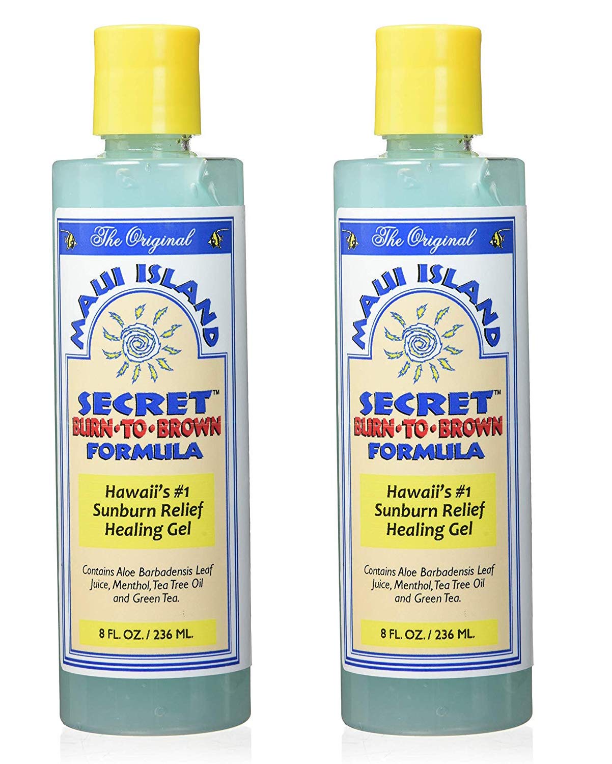 Maui Island Secret Burn to Brown Formula, Aloe Sunburn Relief Gel Soothing & Hydrating - Instant Cooling with Menthol & Tea Tree Oil 8 Oz. 2 Pack