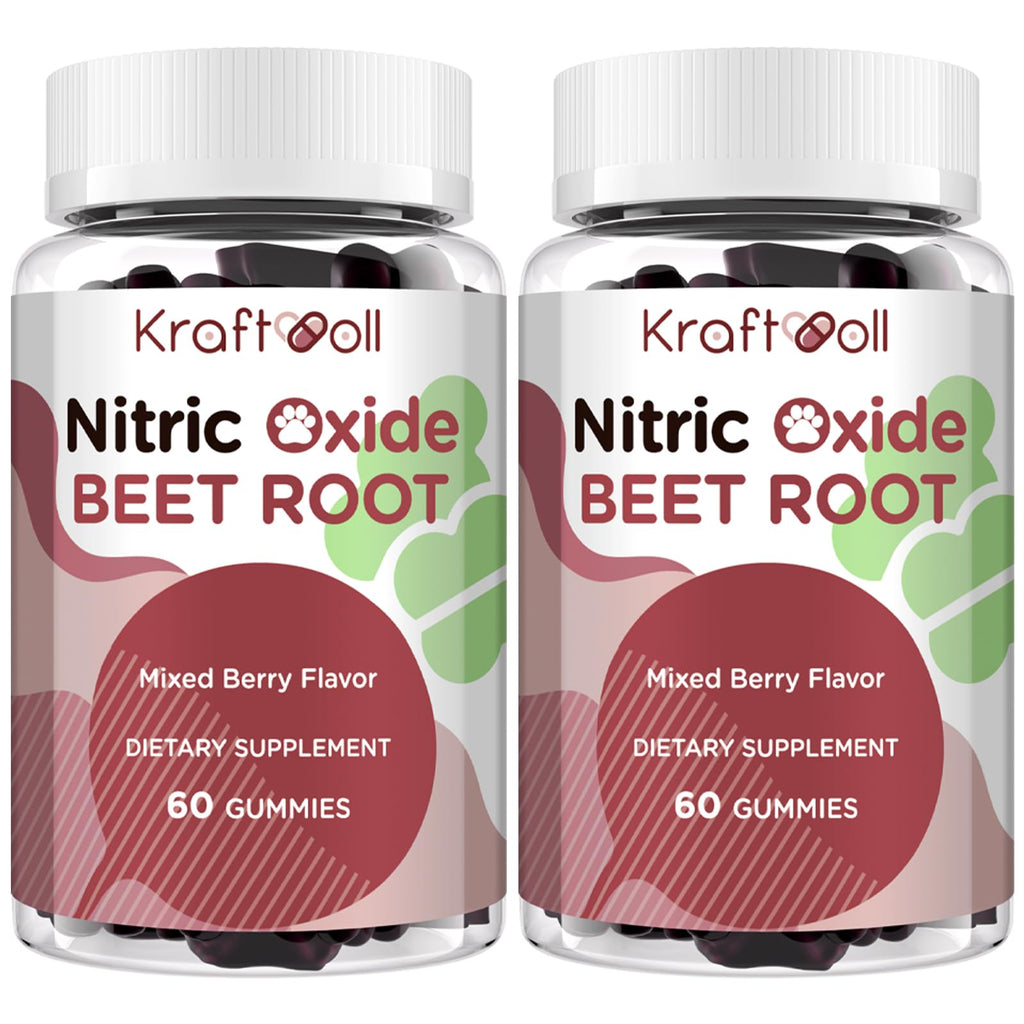 Kraftvoll Nitric Oxide Beet Root Gummies – Sugar-Free Beet Chewables, Mixed Berry Flavor with Grapeseed Powder, Pomegranate, Vitamin C & B12 – Nitric Oxide Supplements for Men – 60 Gummies (2 Bottles)