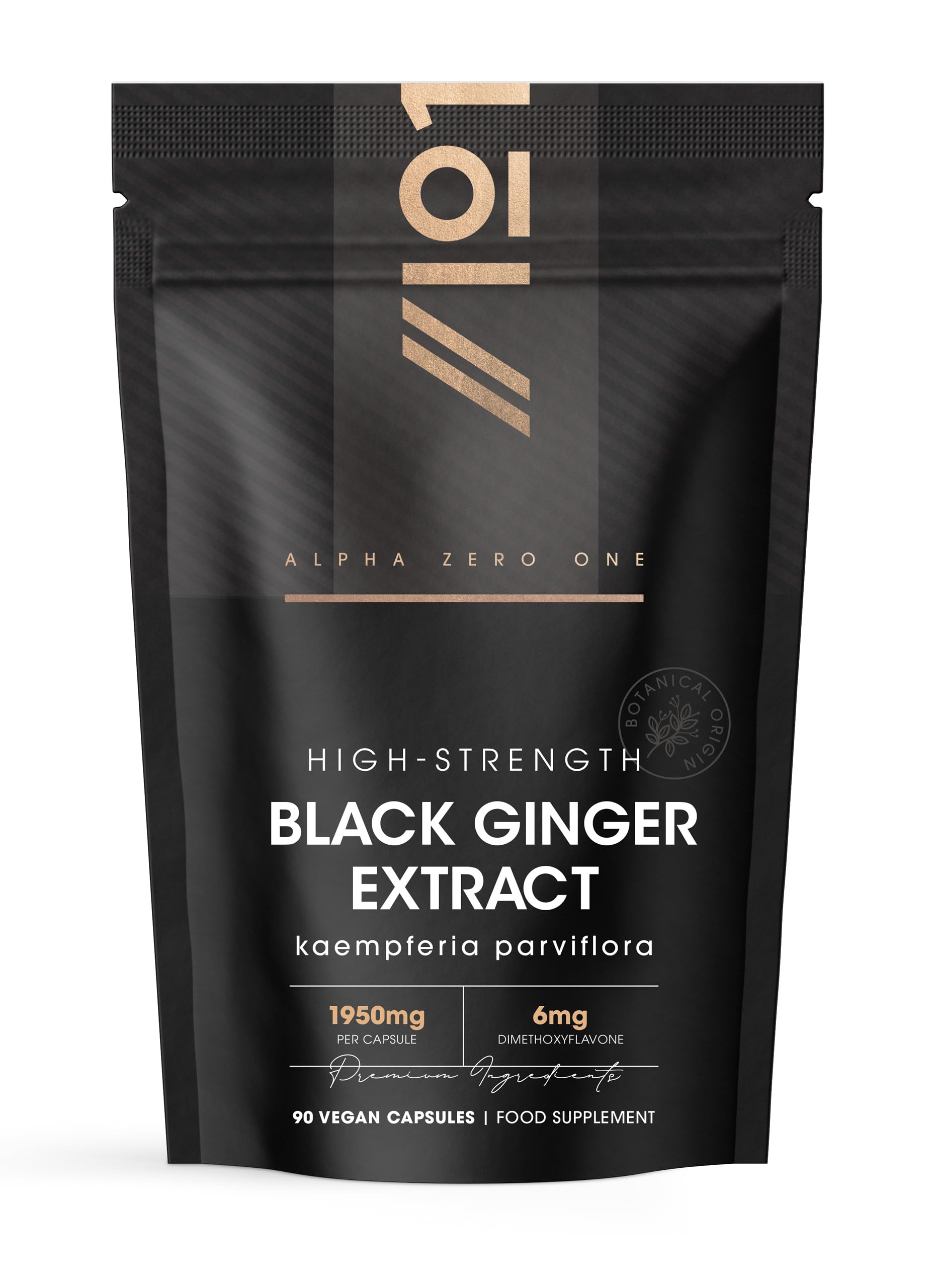 Black Ginger Extract 1950mg – High Strength 4% Dimethoxyflavone (6mg) - 90 Vegan Capsules (3 Month Supply) - Resealable and Recyclable Pouch – By Alpha01