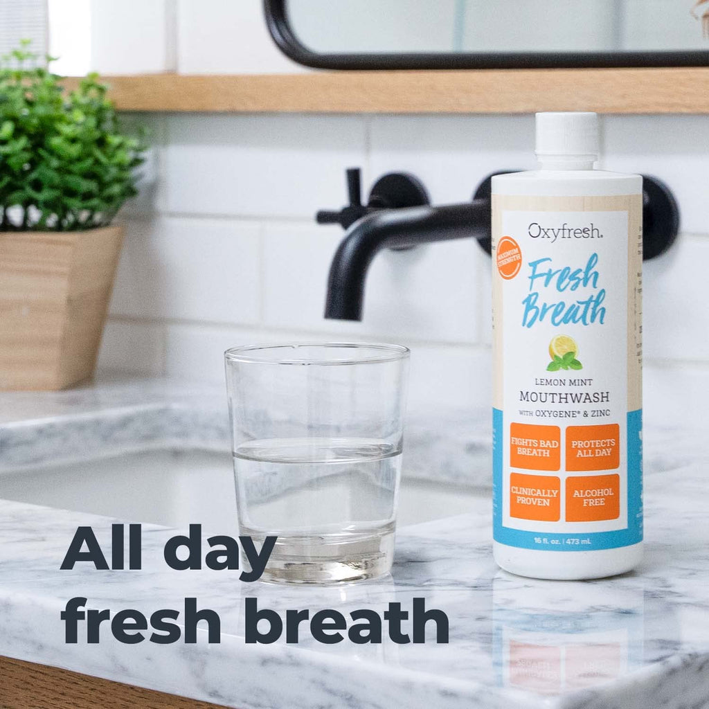 Oxyfresh Lemon Mint Fresh Breath Mouthwash – Bad Breath Treatment – SLS & Fluoride Free – Alcohol Free, Gentle Nonburning with Xylitol & Essential Oils – 16 Fl Oz (Pack of 3)