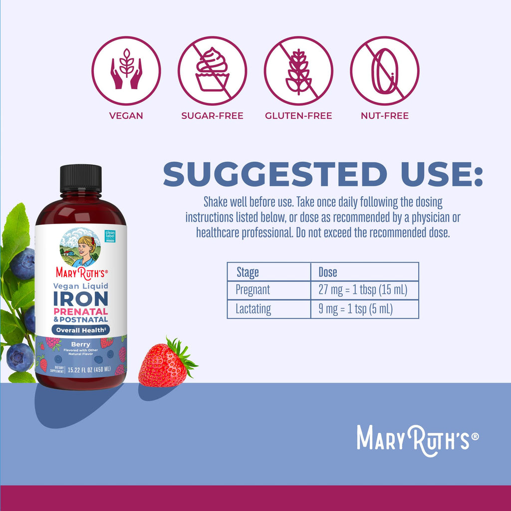 MaryRuth’s Prenatal Postnatal Iron Liquid | Iron Supplement for Prenatal & Postnatal | Bioavailable Ferrochel | Red Blood Cell Production | Sugar Free | Vegan | Non-GMO | Gluten Free | 15.22 Fl Oz