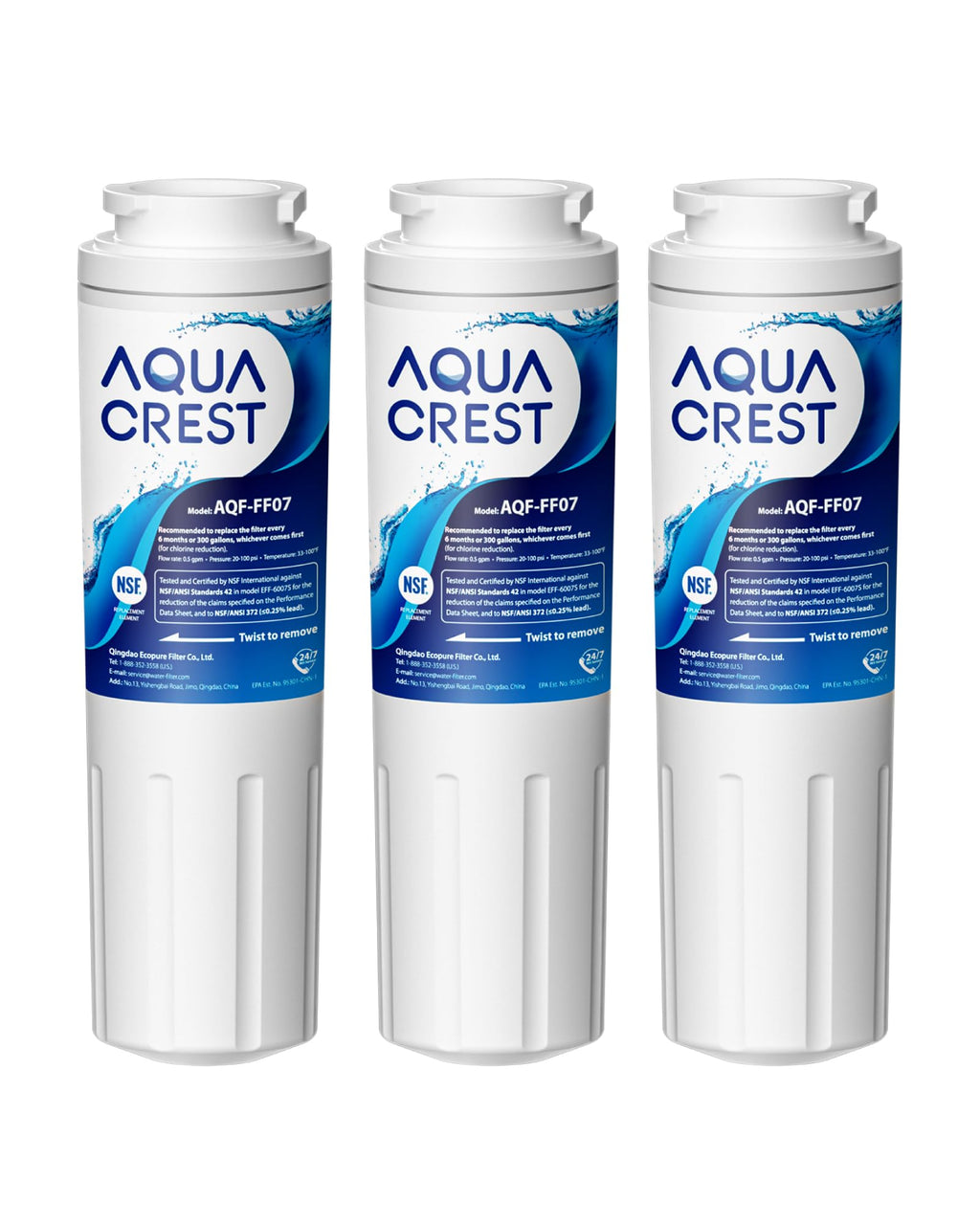 AQUA CREST UKF8001 Refrigerator Water Filter, Compatible with UKF8001P, UKF8001AXX-750, UKF8001AXX, EDR4RXD1, 4396395, Filter 4, Msd2651heb (Pack of 3)