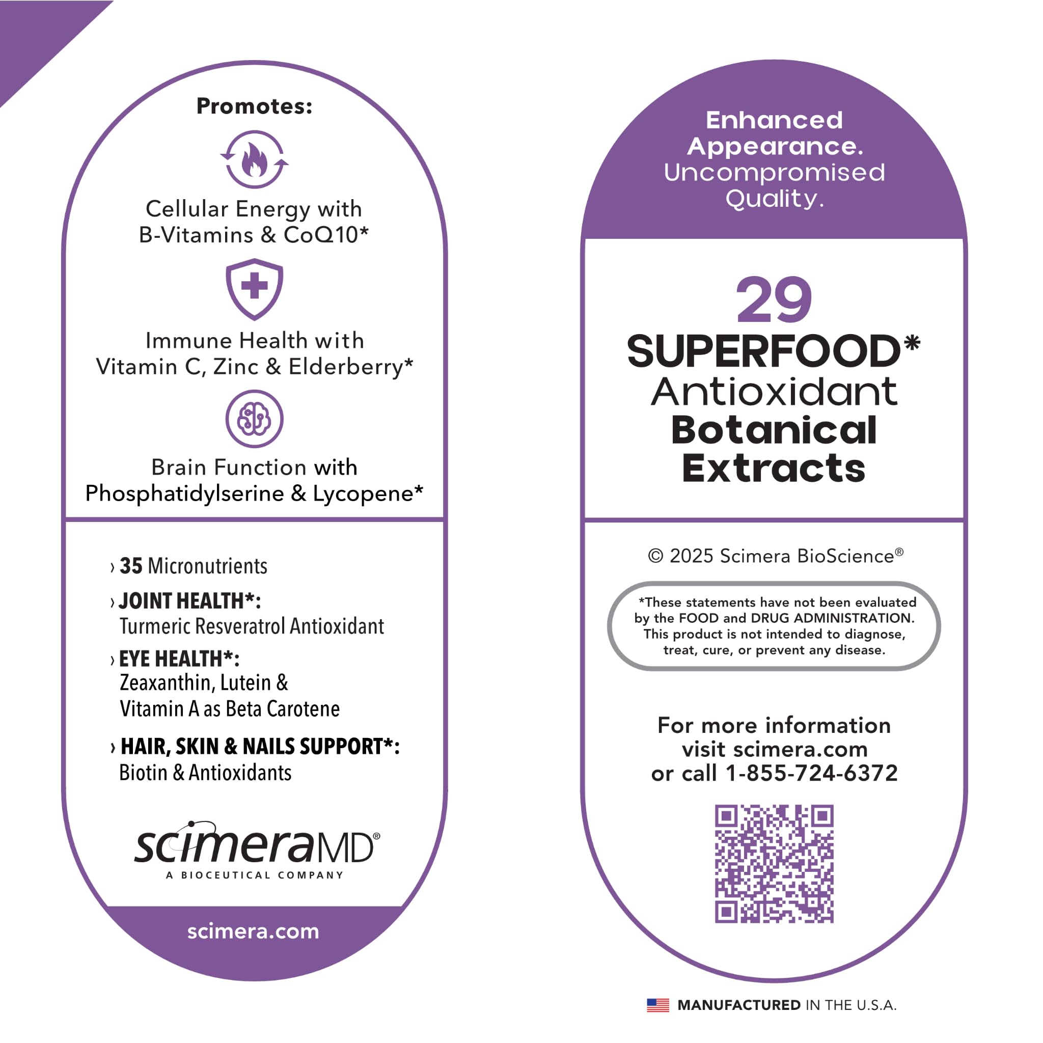 ScimeraMD® MultivitaminMD Full-Spectrum Multivitamin Supplement with Minerals, Antioxidants & Superfoods for Metabolism, Joint, Hair, Skin & Nail Support, 60 Capsules