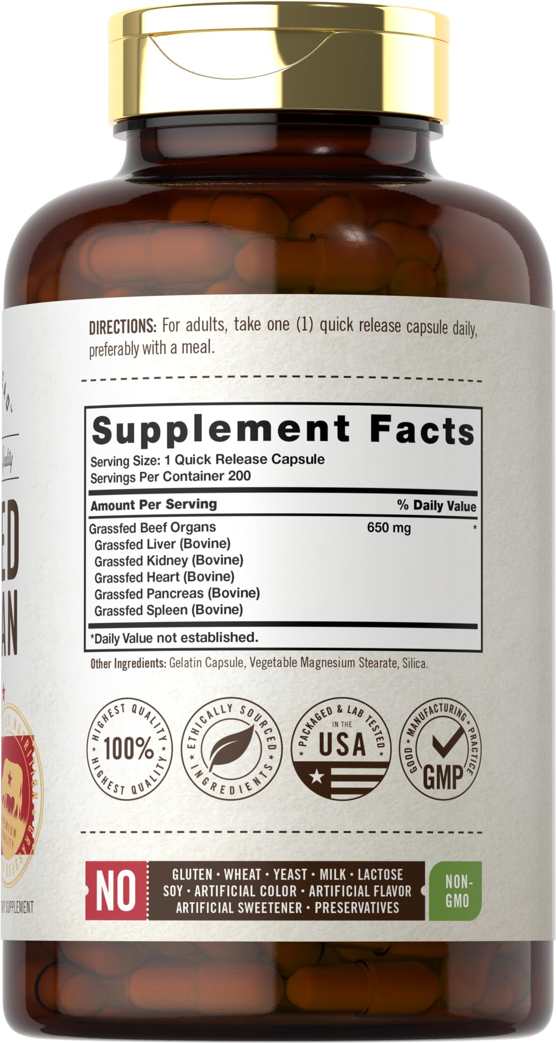 Carlyle Grass Fed Beef Organ Complex | 200 Capsules | Pasture Raised