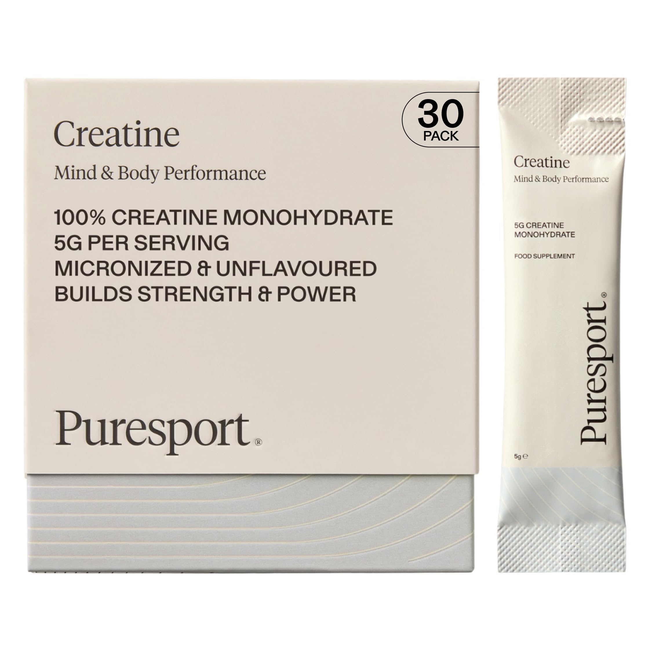 Puresport Creatine Monohydrate Powder (30 Sachets), 5g Micronised Unflavoured Creatine Supplement for Women & Men, Improves Strength & Recovery, Informed Sport Certified, Travel-Friendy
