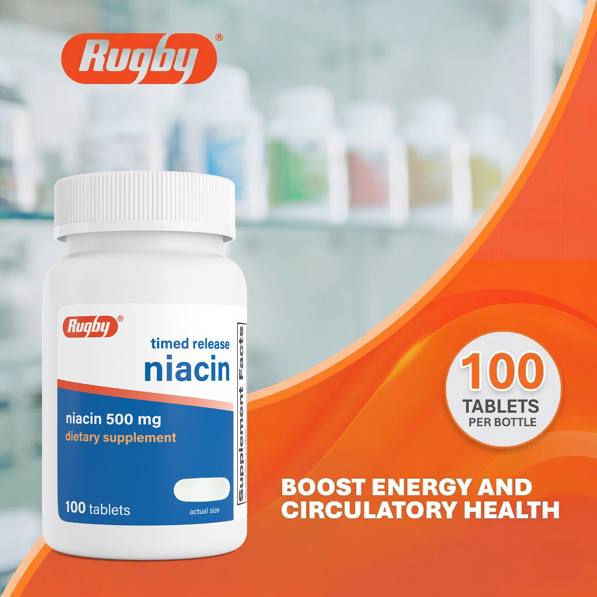 Rugby Timed-Release Niacin 500mg with 28mg Calcium, Dietary Supplement for Energy, Circulation and Metabolism Support, 100 Tablets (3 Pack)
