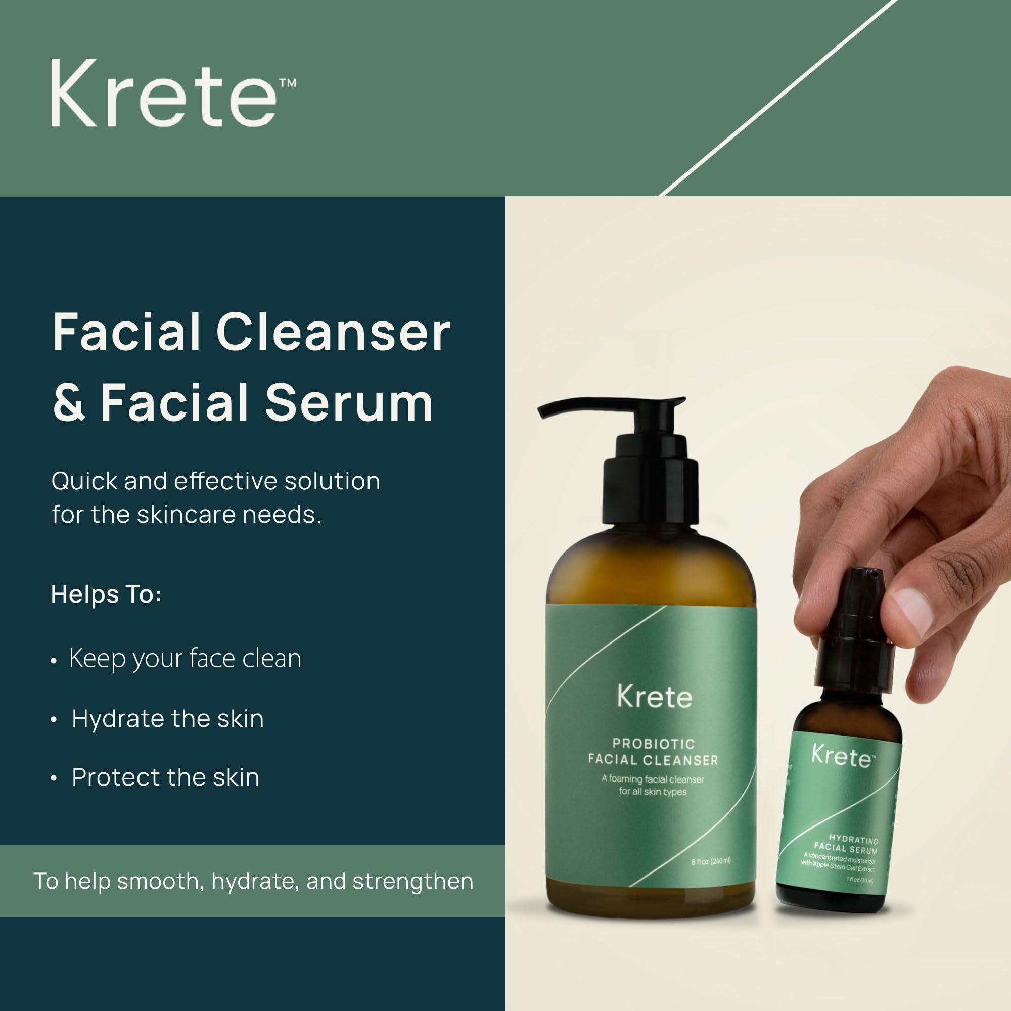 krete One-Two Punch with Probiotic Facial Cleanser & Facial Serum for Men – Moisturize, Hydrate, and Protect Your Skin in 30 Seconds