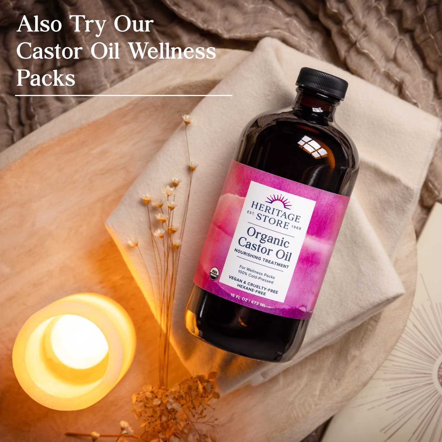 HERITAGE STORE Organic Castor Oil - 32oz Glass Bottle - Nourishing Treatment for Hair and Skin Care - Eyelash Serum for Eyelashes and Brows - Cold Pressed, Hexane Free, Vegan - 32oz