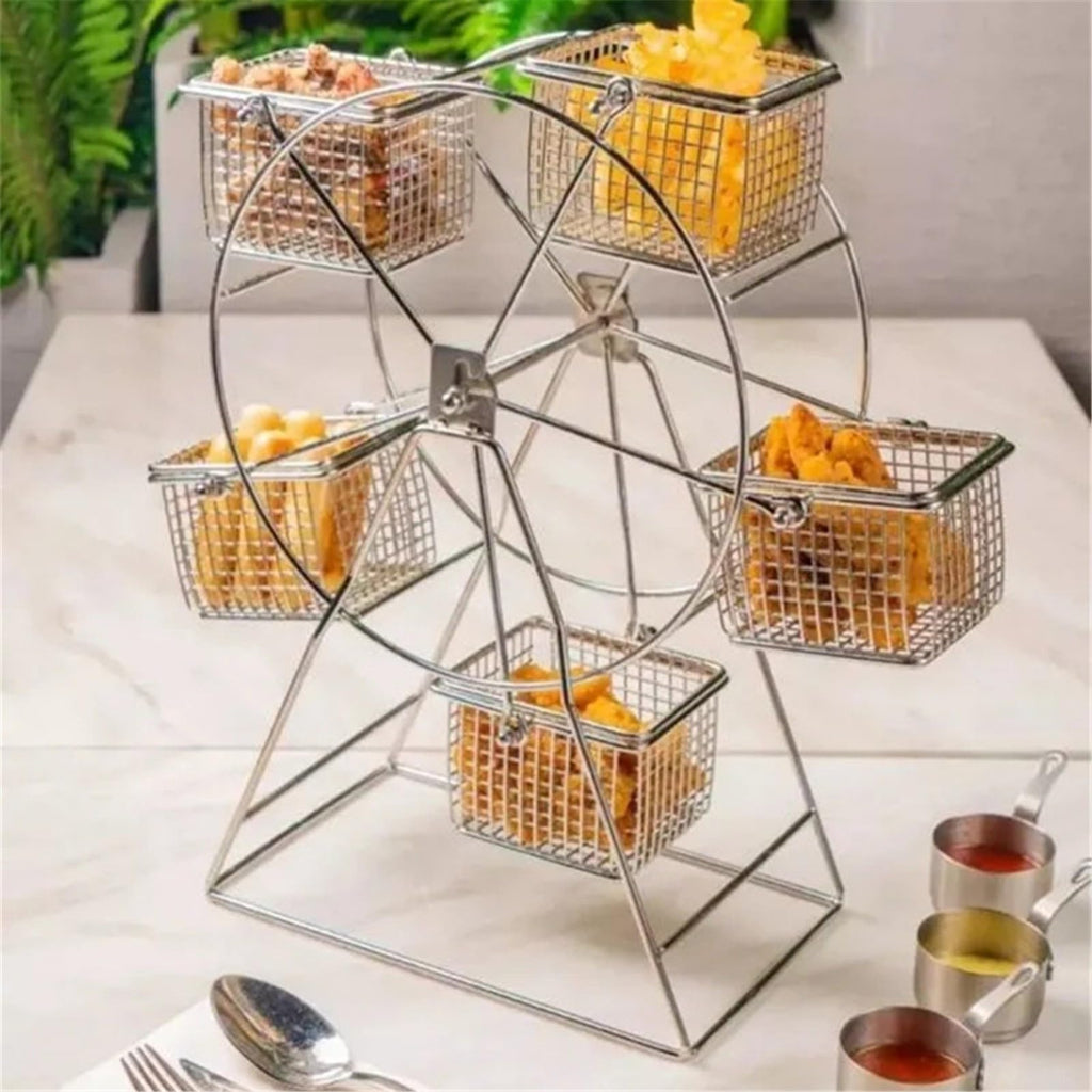 ASkinds Ferris Wheel Rotating Snack Serving Tray for French Fries, Fried Chicken, Dessert Carrier, Fried Food Display Stand for Carnival and Circus Theme Party Wedding Party Furnishing(Silvery)