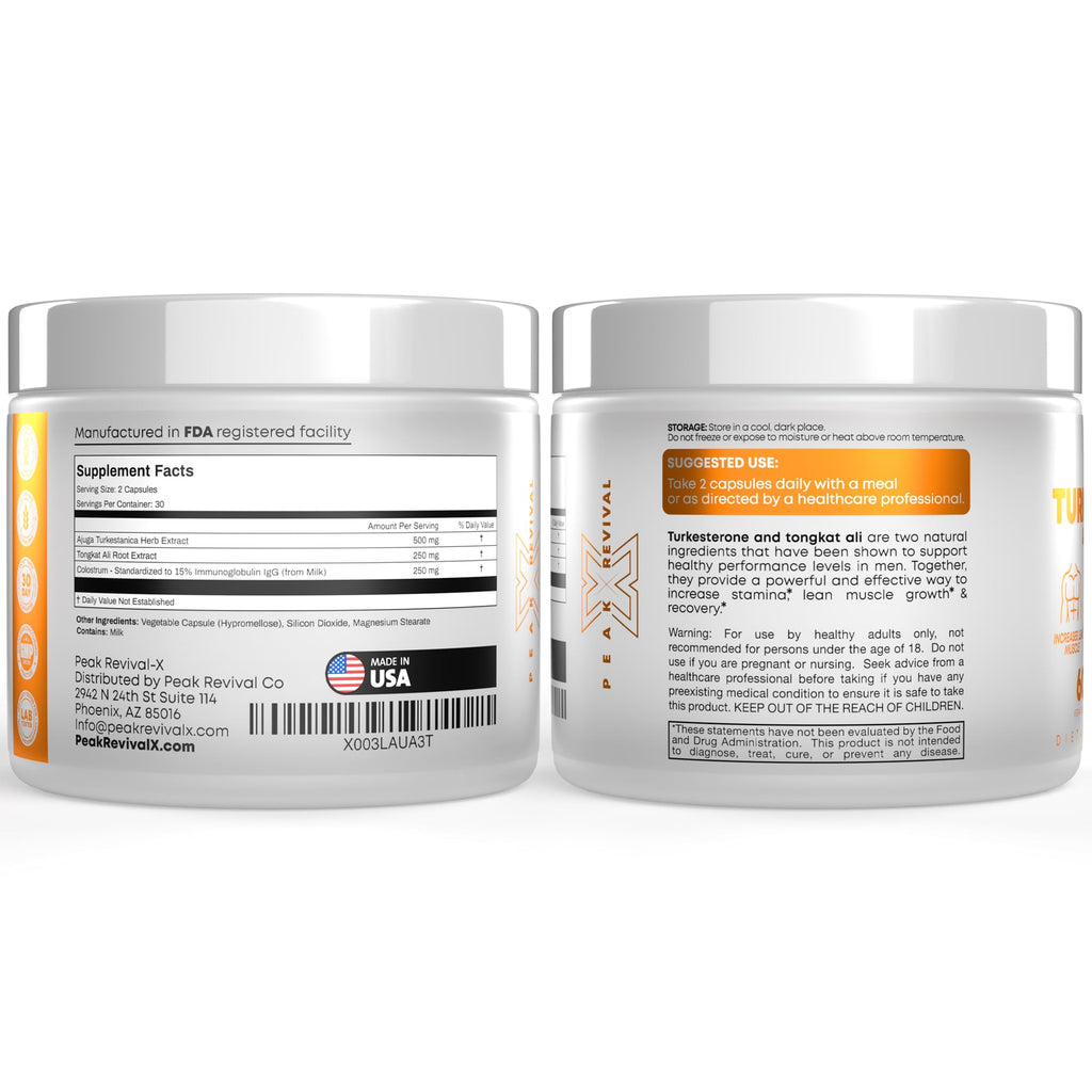 Turkesterone Tongkat Ali Supplement (500mg Ajuga Turkestanica + 250mg Tongkat Ali) 60 Capsules-Turkesterone Supplement 1000mg - Muscle Strength & Recovery Support - Made in The USA BY Peak Revival-X
