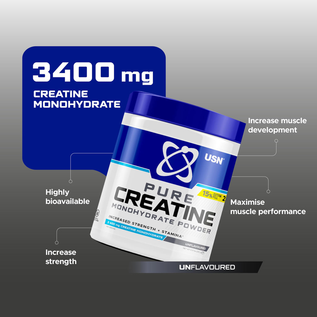 USN Micronised Creatine Powder 230g (67 Servings): 100% Pure Creatine Monohydrate Powder for Performance and Muscle Recovery, Suitable for Vegans - Unflavoured