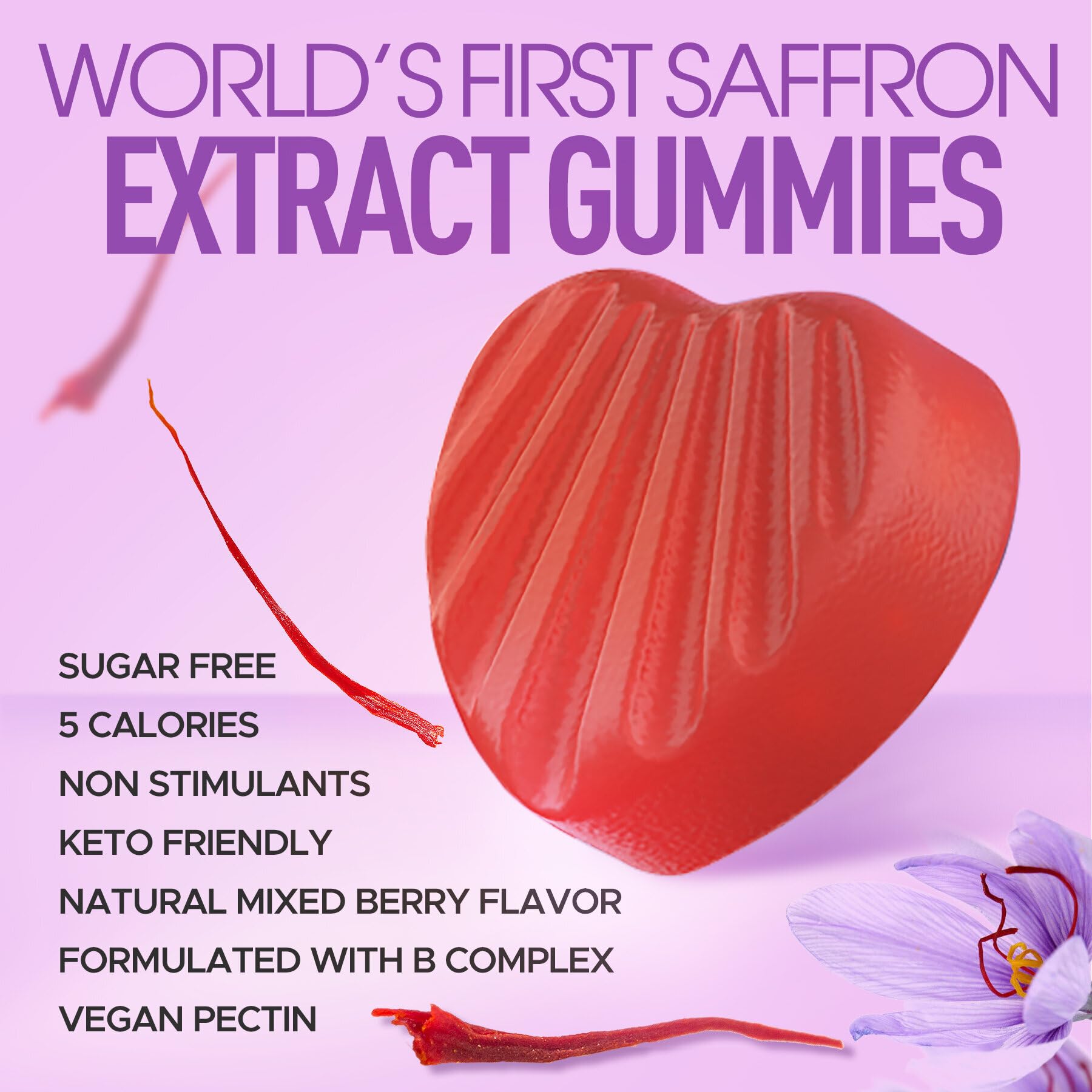 Saffron Supplements Gummies 100mg - 100% Pure Saffron Extract With Magnesium Glycinate, L-Theanine, Turmeric, Ashwagandha, Honey & Vitamin B Complex for Mood & Power, Antioxidant, Vitality - 120 Count