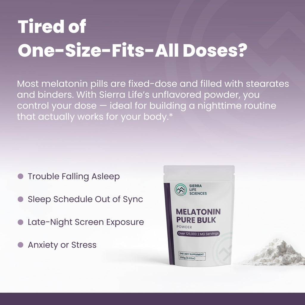 SIERRA LIFE SCIENCES Melatonin | Natural Sleep Aid Bulk Powder | Custom Dose 2mg - 5mg Replace Capsules (500g - 250,000 Doses)