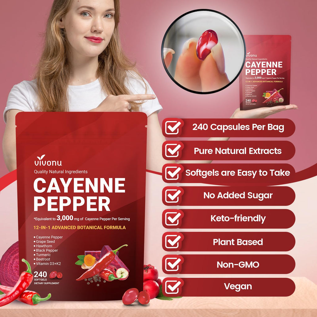 VivoNu Cayenne Pepper Softgels Supplement, Supports Leg Vein, Heart and Blood Vessel Health, with Vitamin E D3+K2 and Extracts of Grape Seed, Hawthorn, Beetroot and Others