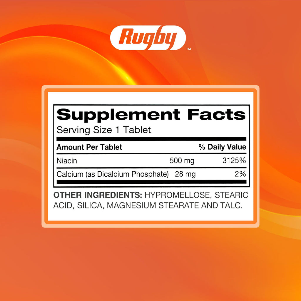 Rugby Timed-Release Niacin 500mg with 28mg Calcium, Dietary Supplement for Energy, Circulation and Metabolism Support, 100 Tablets (3 Pack)