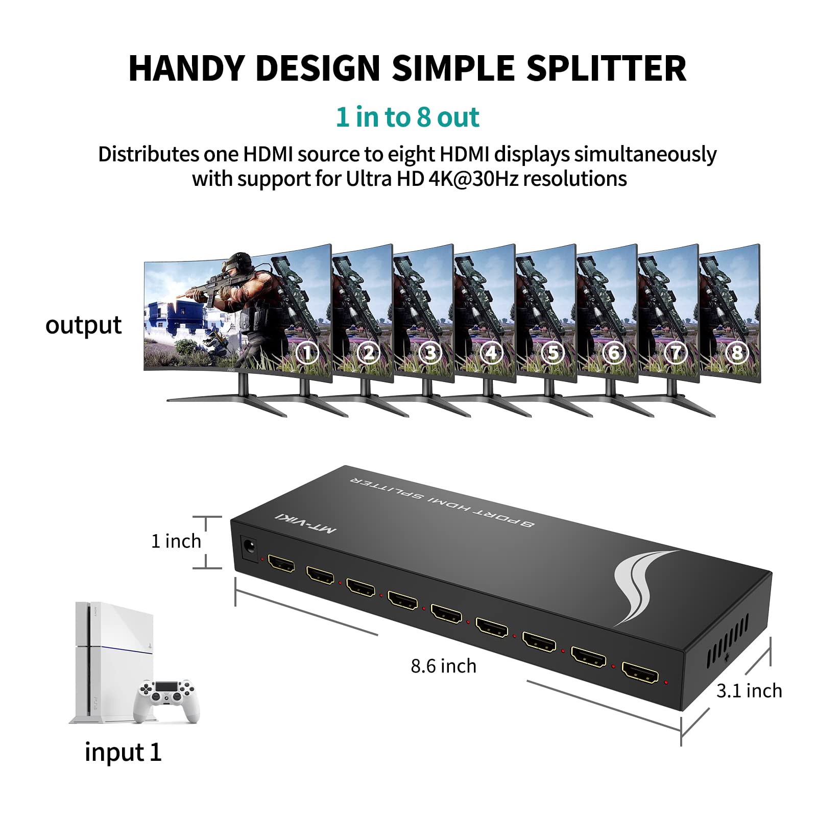 4K HDMI Splitter 1 in 8 out, 1 to 8 Distributor MT-VIKI 8 Way 1x8 For 8 Monitor HDTV CCTV 3D Supports EDID HDCP +UK Power Supply