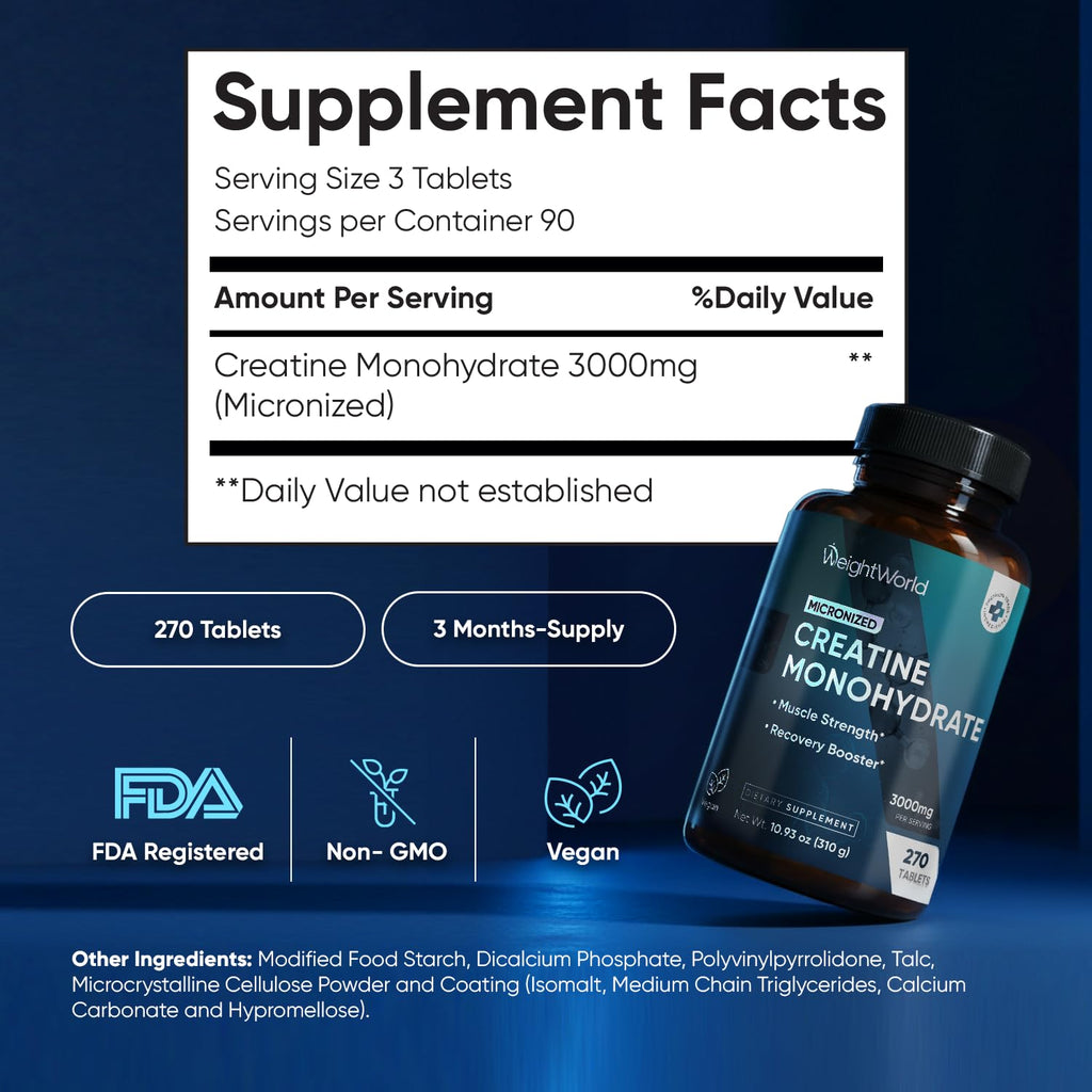WeightWorld Micronized Creatine Monohydrate 3000mg Tablets - Muscle Growth, Strength, Energy & Recovery | Pre Workout Creatine for Women & Men | 1000mg per Tab | Vegan 270 Tablets (3 a Day), Non-GMO