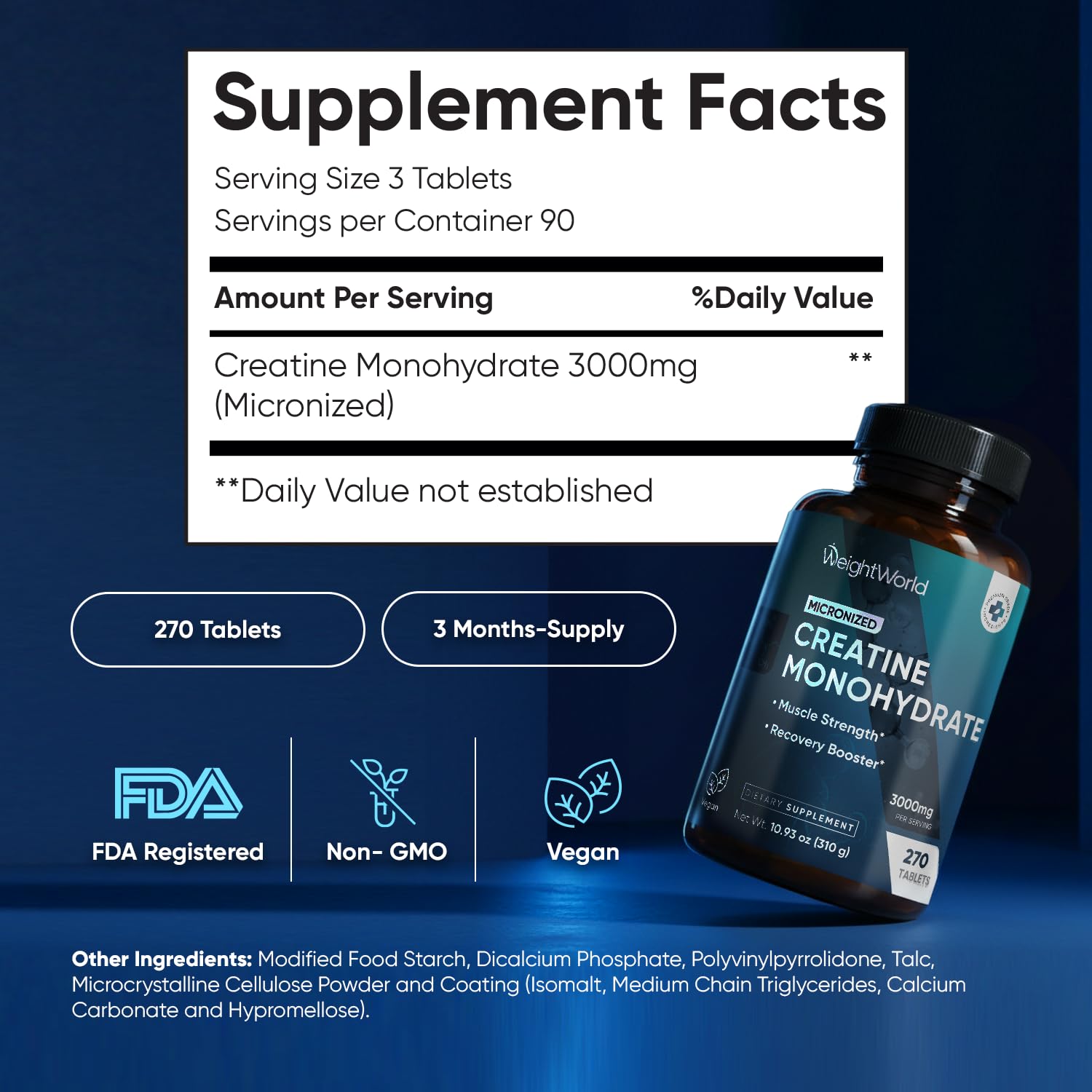WeightWorld Micronized Creatine Monohydrate 3000mg Tablets - Muscle Growth, Strength, Energy & Recovery | Pre Workout Creatine for Women & Men | 1000mg per Tab | Vegan 270 Tablets (3 a Day), Non-GMO