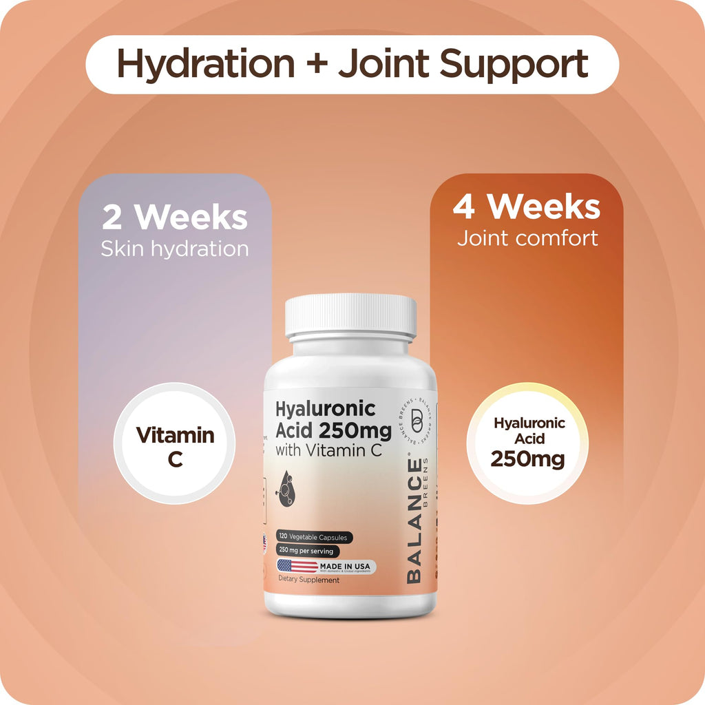 Pure Hyaluronic Acid Supplement 250mg with Vitamin C 50mg, 120 Vegan Capsules - Skin Hydration for Natural Glow, Hair, Nails, Bone and Joint Health Formula