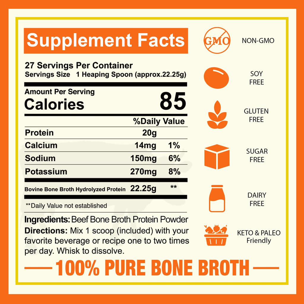 Zammex Pure Grass Fed Beef Bone Broth Protein Powder, 20g Protein, Hydrolyzed Collagen Supplement for Healthy Skin, Nails, Hair, Joints, Non-GMO, Gluten Free, Paleo & Keto Friendly, Great in Soup
