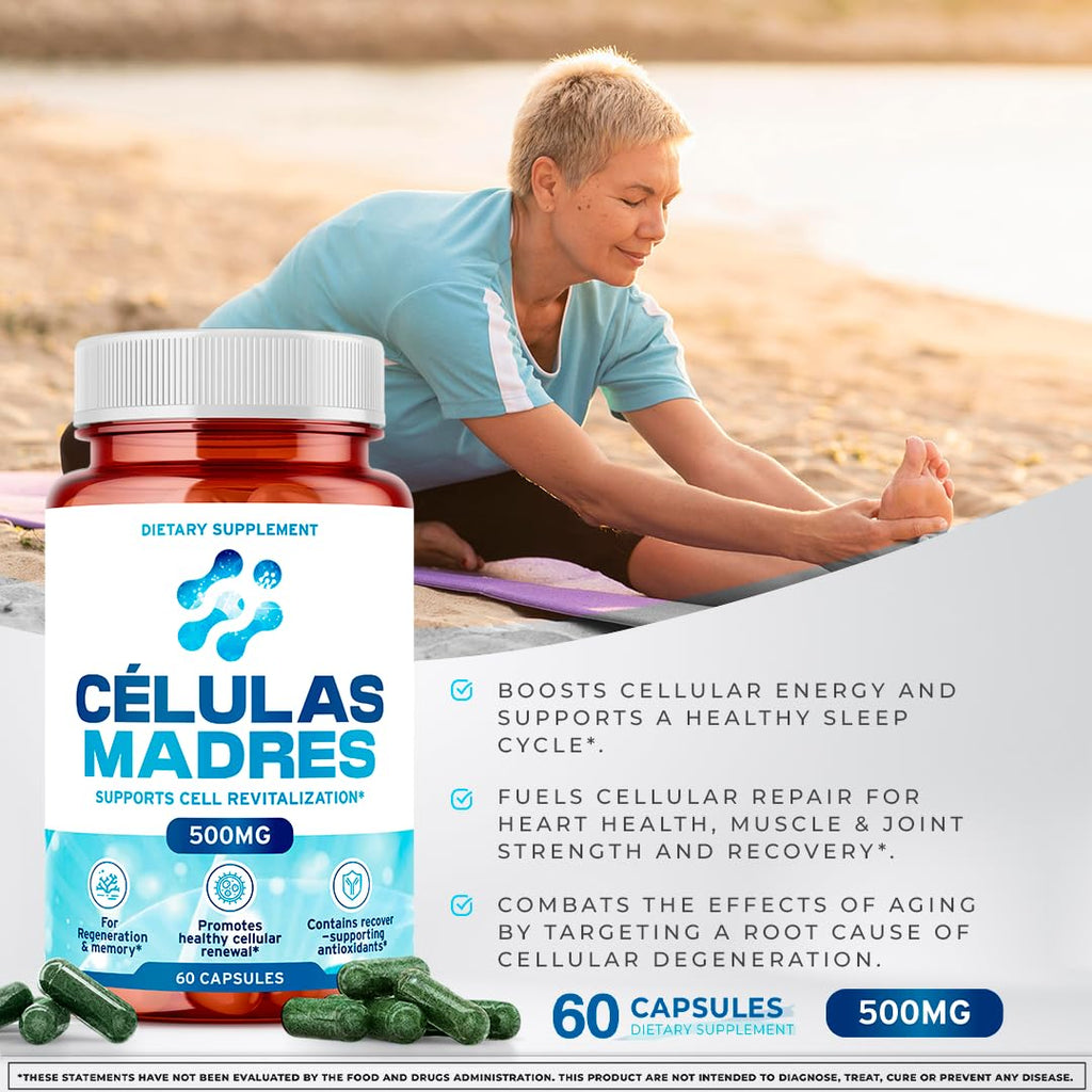 Stem Cell Supplements 500mg (180 Cap) Natural Anti-Aging & Longevity Support with Spirulina & Chlorella, Boost Cellular Renewal, Restore Youthful Energy, Reduce Joint Soreness – Celulas Madre