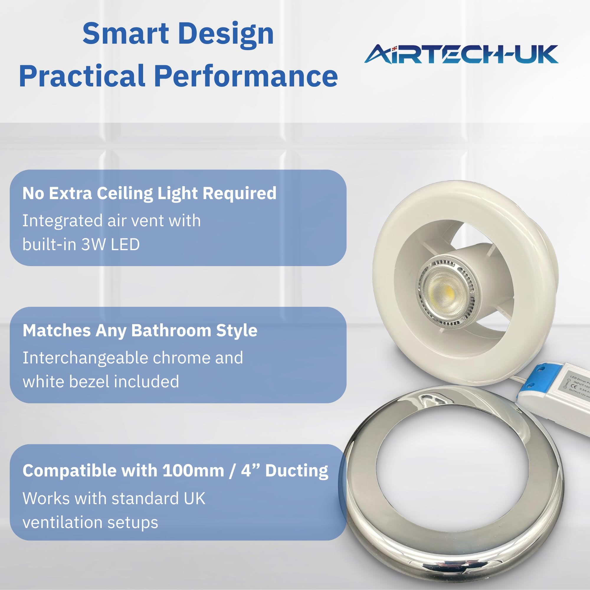 AirTech- UK Air Vent with LED Light and Transformer 4 inches 3W with Chrome & White Grille Fits 100mm /4 inch Ducting Bathroom Shower Air Vent with Light