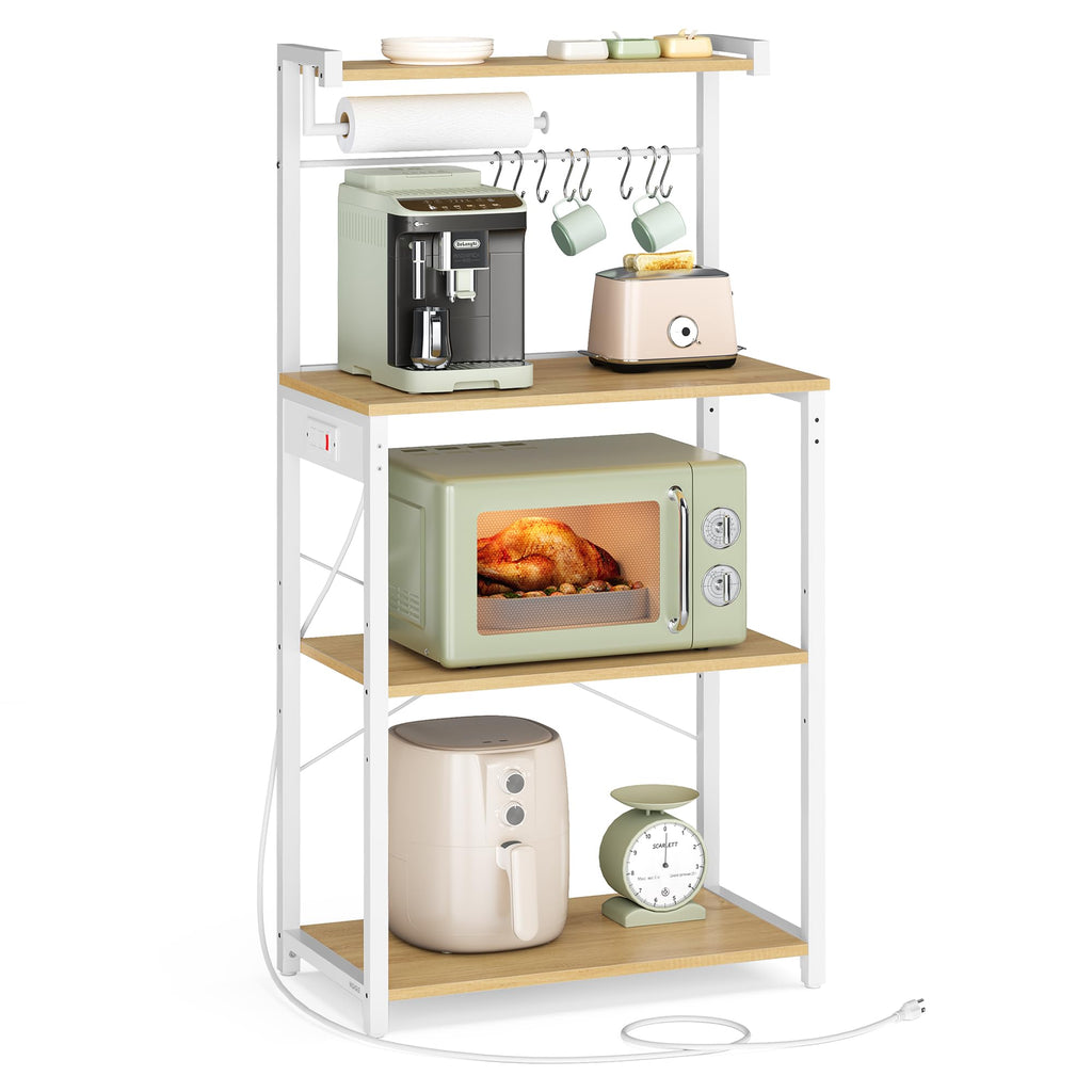 VASAGLE UKKS014Y01V1 Kitchen Bakery Shelf with Power Outlet, 4 Tier with 8 S Hooks, Adjustable Shelf for Small Spaces, Golden Oak and Cloud White