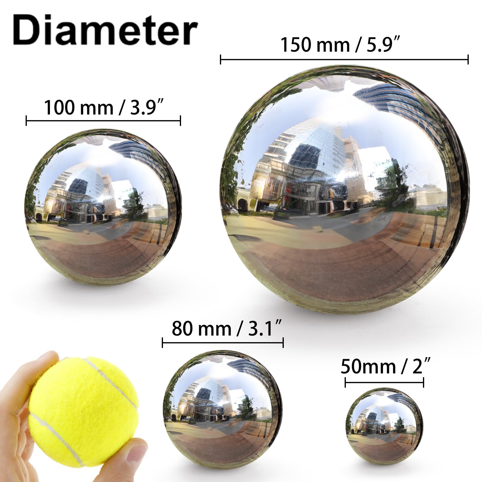 yarlung Set of 10 Stainless Steel Gazing Balls, 50-150 mm Garden Mirror Globe Floating Pond Sphere, Silver Polished Hollow Ball Reflective Ornament for Home Yard Outdoor Lawn Decoration