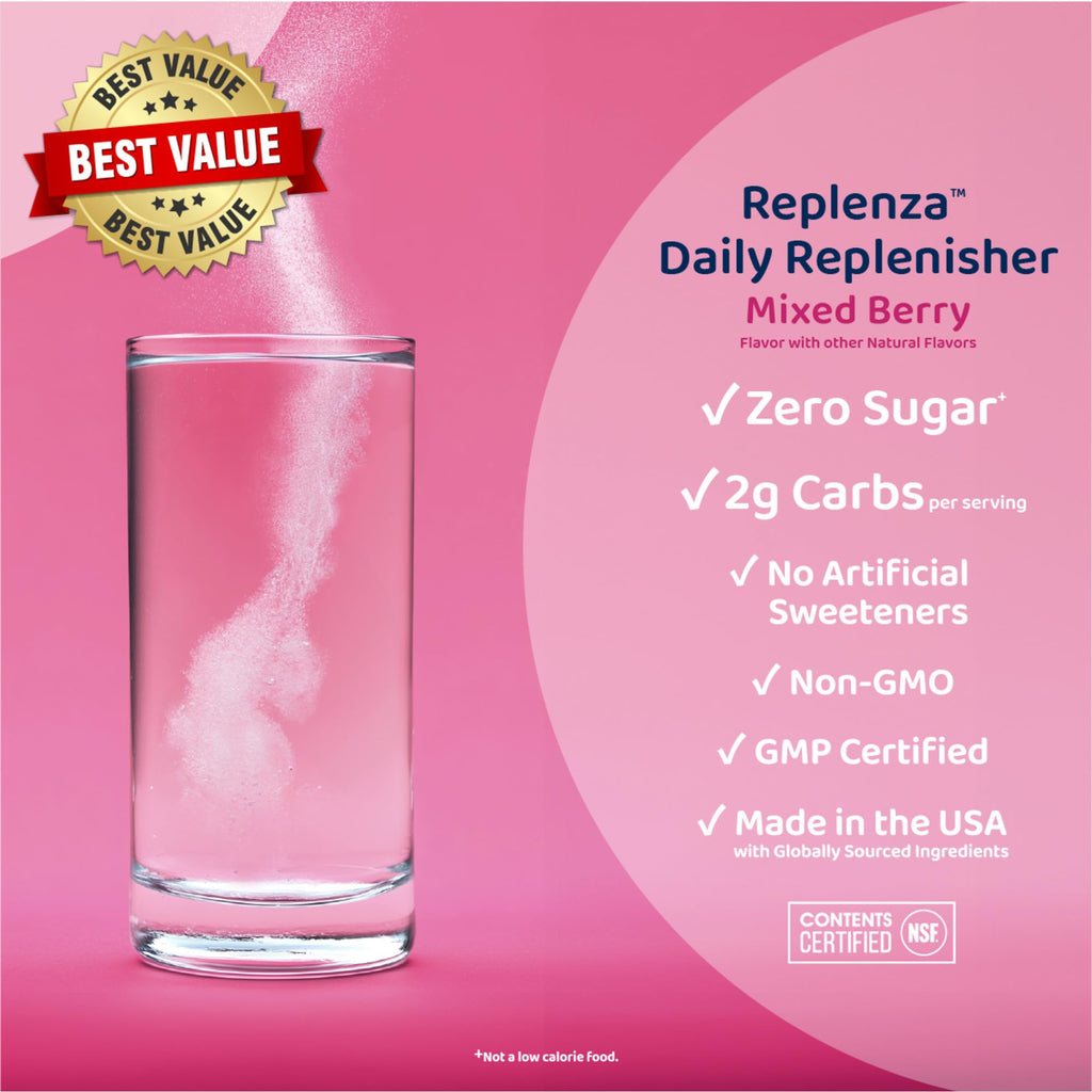 Replenza Daily Replenisher GLP-1 Nutritional Support, Powder, Muscle Recovery, Digestive Health & Skin Elasticity Mix of Amino Acids, Prebiotics and Collagen Peptides – Berry Flavor, 60 Scoops,13.5 OZ