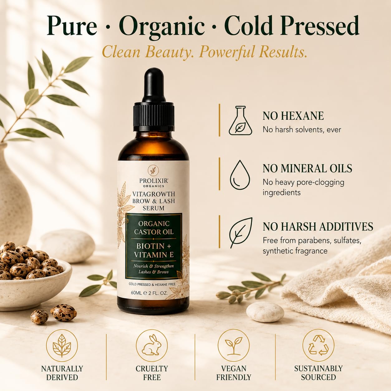 Prolixir 60ml Organic Castor Oil with Biotin & Vitamin E Serum for Eyebrow & EyeLash Growth