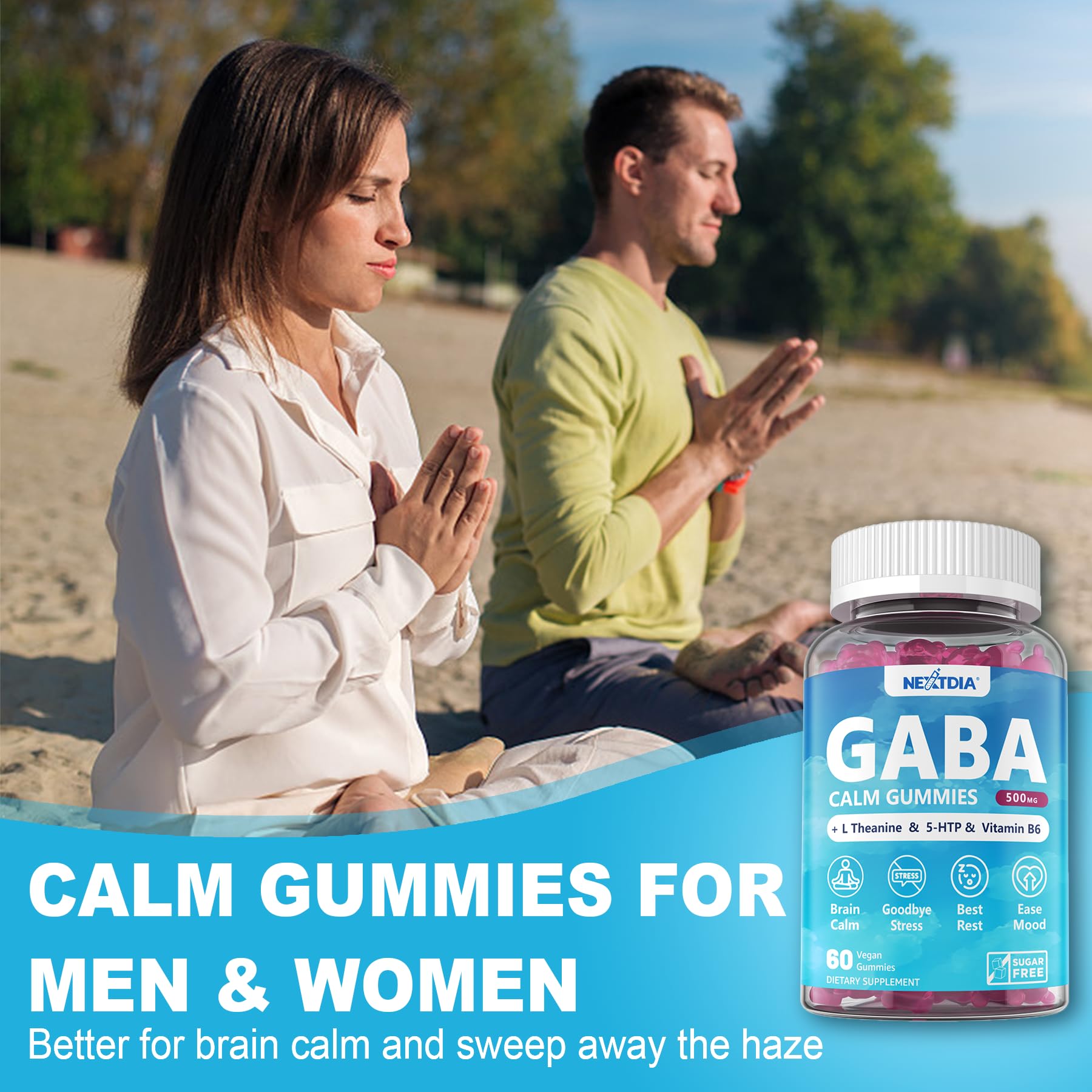 GABA Gummies 500 mg - Sugar-Free Calm Gummies with L Theanine, 5-HTP, Vitamins D3, B12, Ashwagandha, Melatonin-Free for Brain Calm, Mood, Zzz Better, GABA Supplement for Adult, Blueberry Flavor, 1Pack