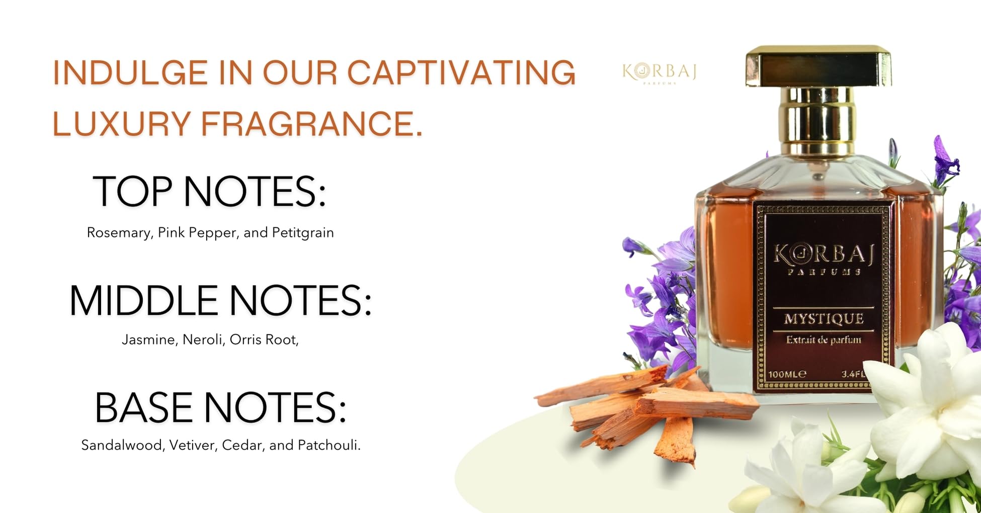 KORBAJ PARFUMS Mystique - Arabian Perfume for Women and Men, EDP Mens Cologne with Rosemary, Pink Pepper, Petitgrain - Jasmine, Neroli, Orris Root, Ylang-Ylang- Sandalwood, Patchouli Perfume 100ml