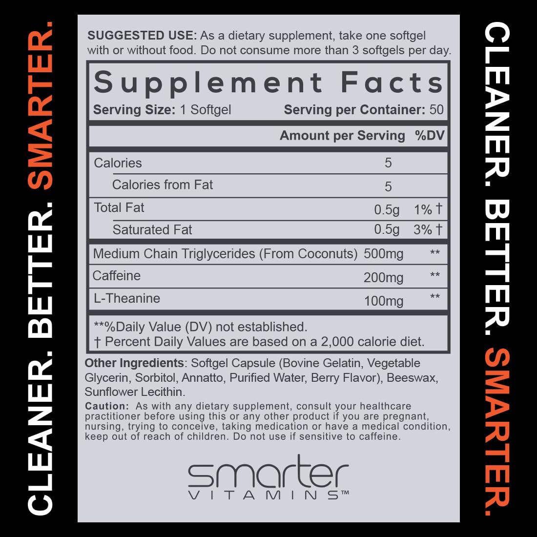 SmarterVitamins 200mg Caffeine Pills - MCT Oil from 100% Coconuts + 100mg L-Theanine, Energy and Focus, Extended Release Capsule, 50 Liquid Softgels