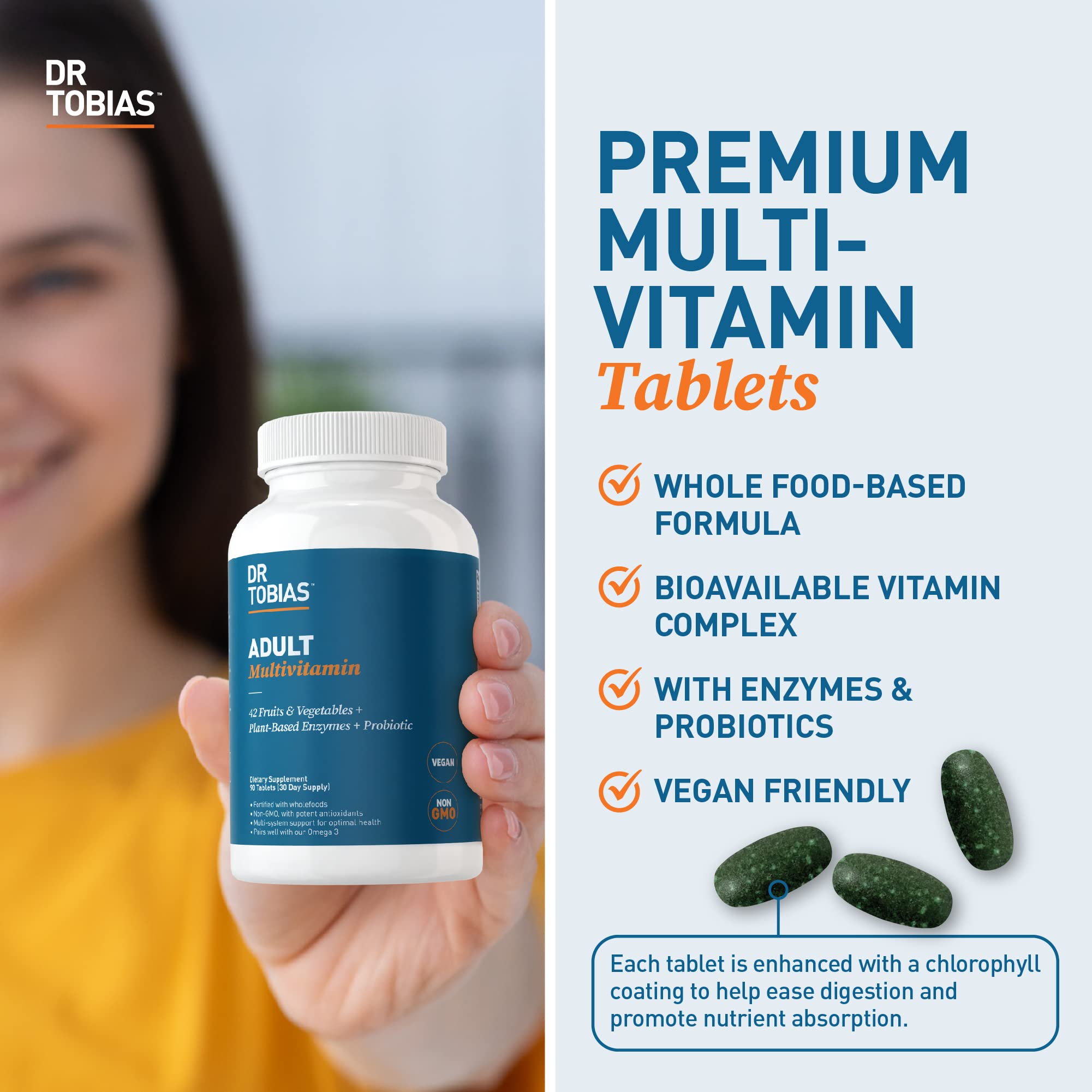 Dr. Tobias Adult Multivitamin for Women & Men - Immune Supporting Vitamins from 42 Fruits, Vegetables, Plus Probiotics, Vegan Multivitamins for Men & Women - Non-GMO (90 Tablets, 30 Servings)