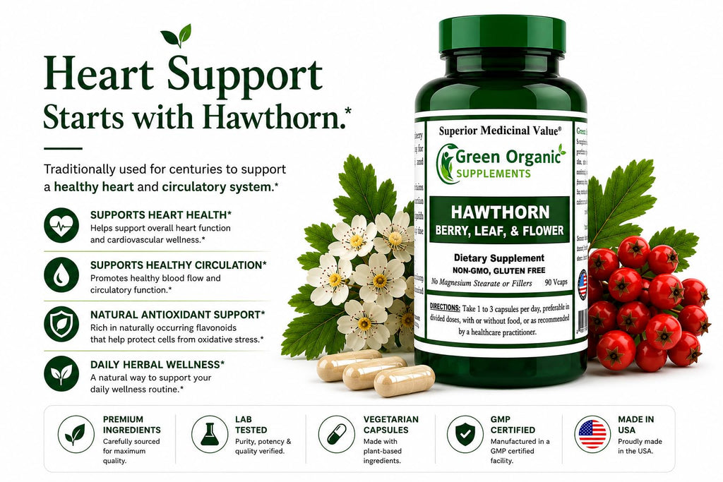 Green Organic Supplements Hawthorn Berry Capsules, Leaf, Flower, Hawthorn Supplements Contains 90 Capsules, Natural Hawthorn Herbs for Cardiovascular Health & Natural Heart Care (Pack of 2)