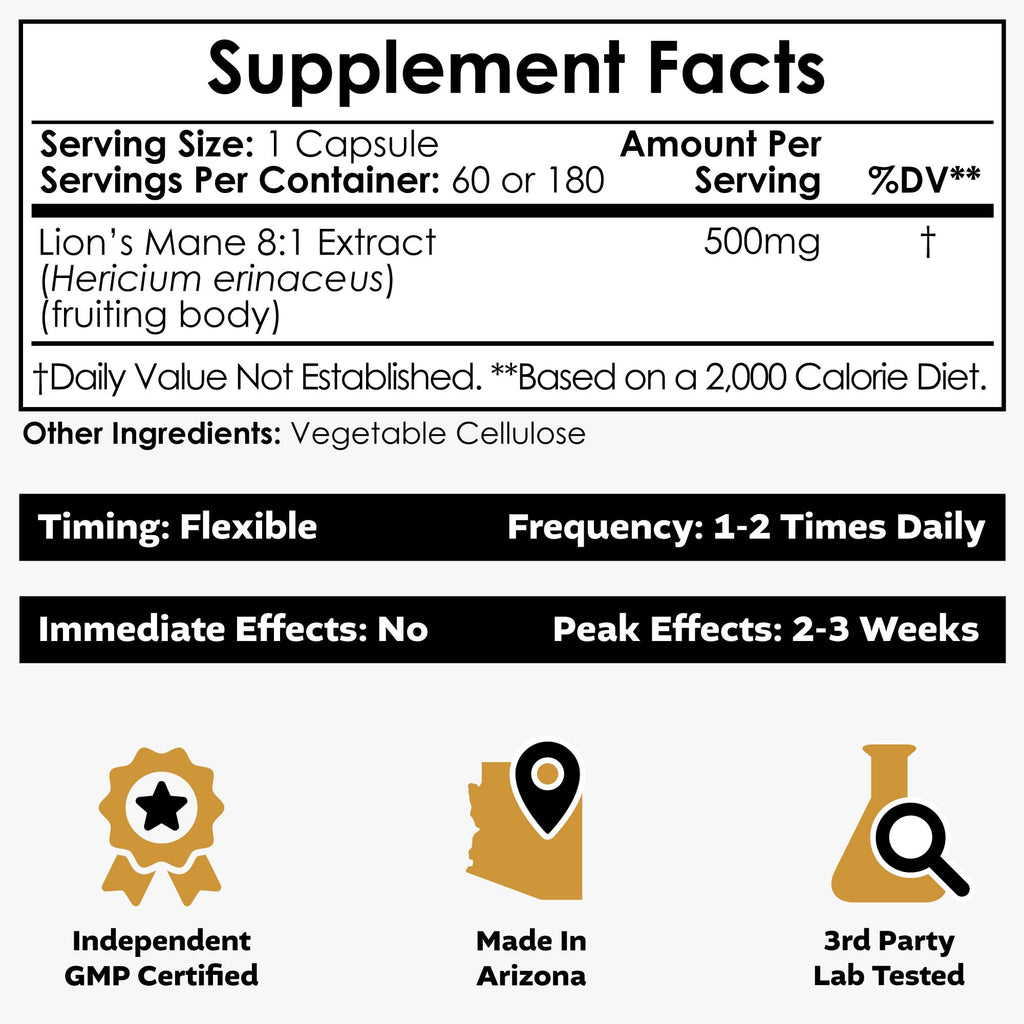 Nootropics Depot Lions Mane Mushroom Capsules | 8:1 Whole Fruiting Body Dual Extract | 500mg | 60 Count | Hericium erinaceus
