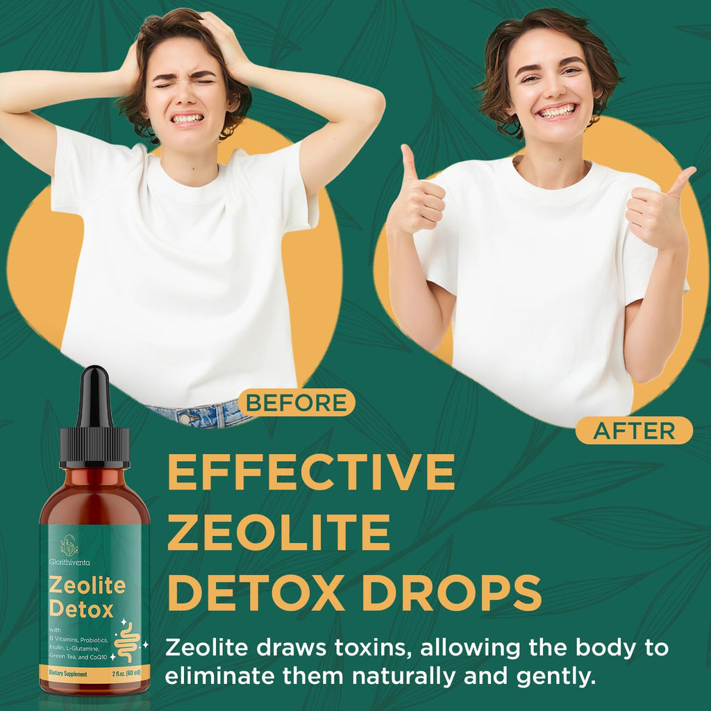 Glorithiventa Zeolite Detox for Adults, Zeolite Liquid Drops with Vitamin B, Probiotic Blend, Gentle Detox for Adults, Energy, Gut, Focus - 4 Fl Oz (2 Bottles)