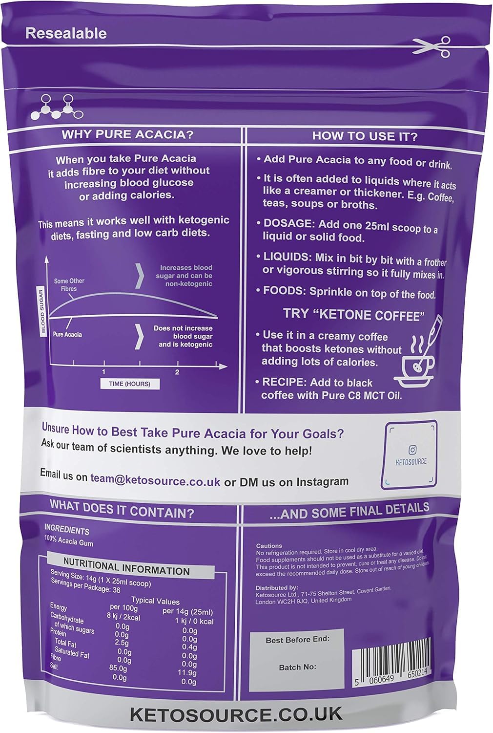 Pure Acacia Fibre | 0g Net Carb & Zero Calorie | Soluble Fibre | 500g Pouch