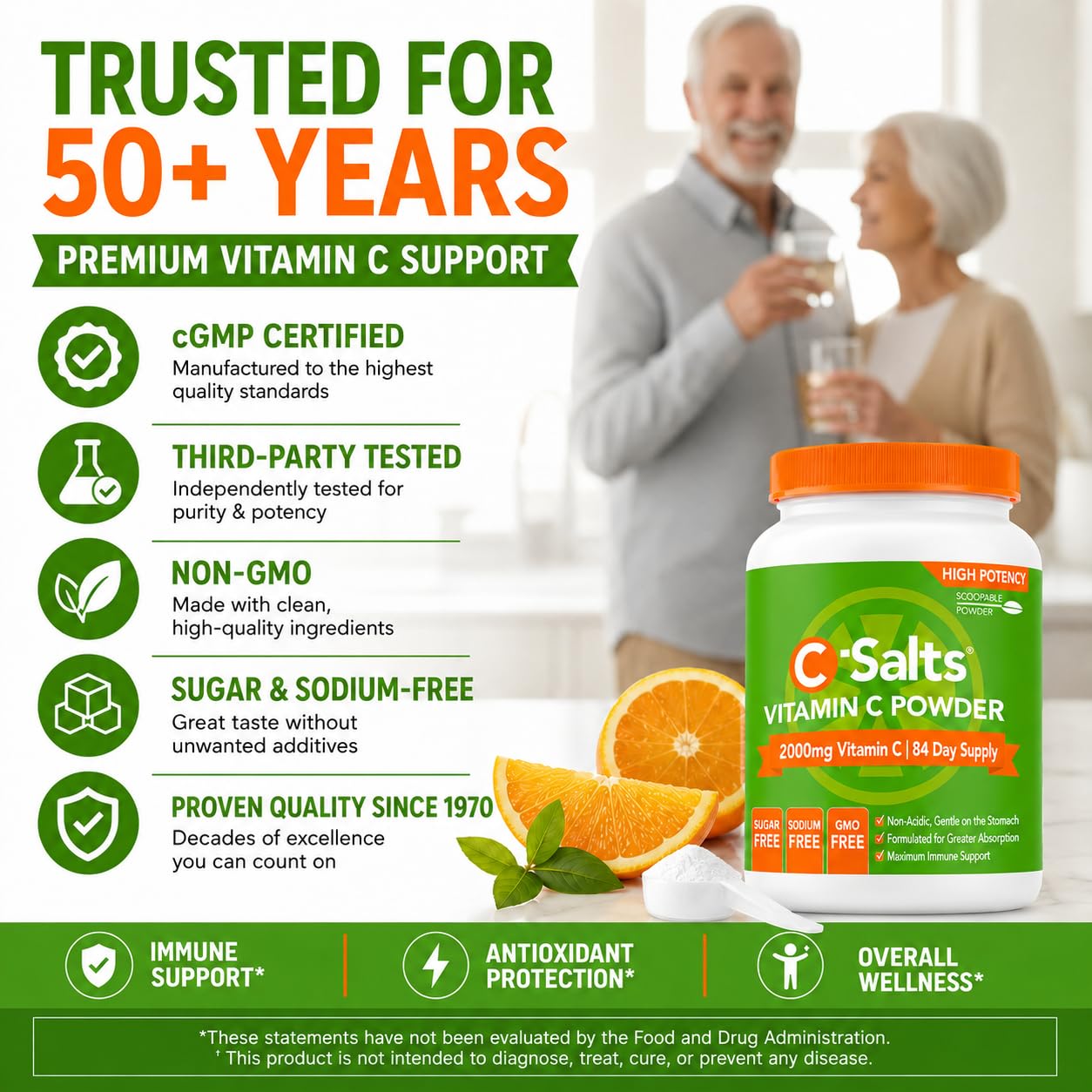 C-Salts Buffered Vitamin C Powder - Pure Organic, Stomach Friendly Ascorbic Acid VIT C Drink for Daily Immune Support & Collagen Production - Vegan Non GMO Sugar Free - 272 Servings Original, 26oz