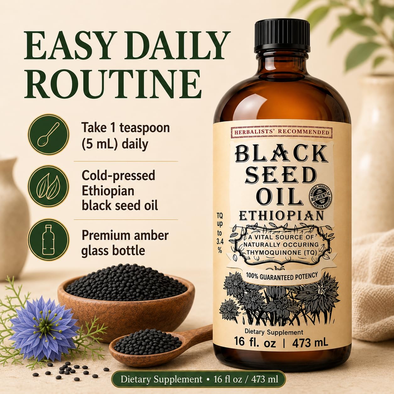 Ethiopian Black Seed Oil 16 oz – Cold-Pressed Nigella Sativa, High Thymoquinone 3.45%, Black Cumin Seed Oil Liquid, 100% Pure Unrefined, Immune Skin Hair & Digestive Support