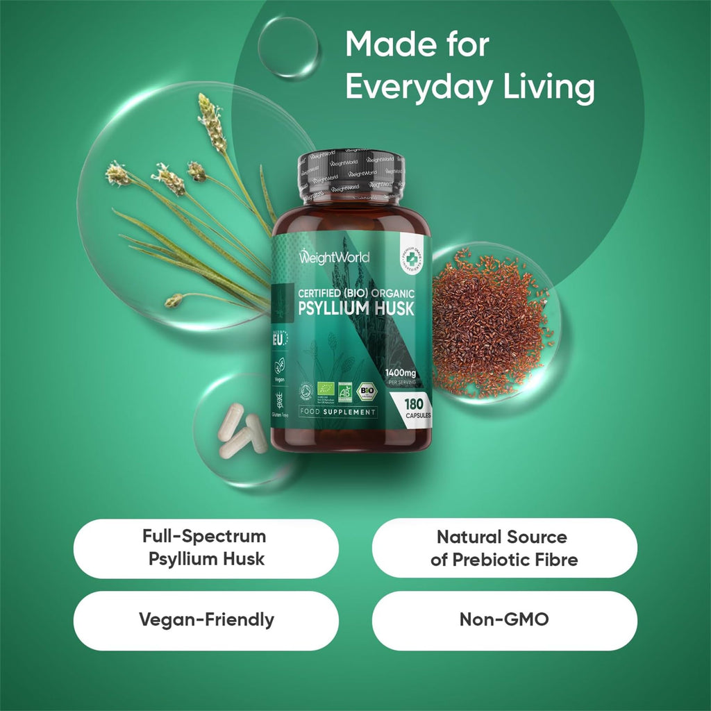 WeightWorld Organic Psyllium Husk Capsules - 3 Months Supply - High Strength Prebiotic Fibre Supplement - 180 Psyllium Husk Powder Capsules