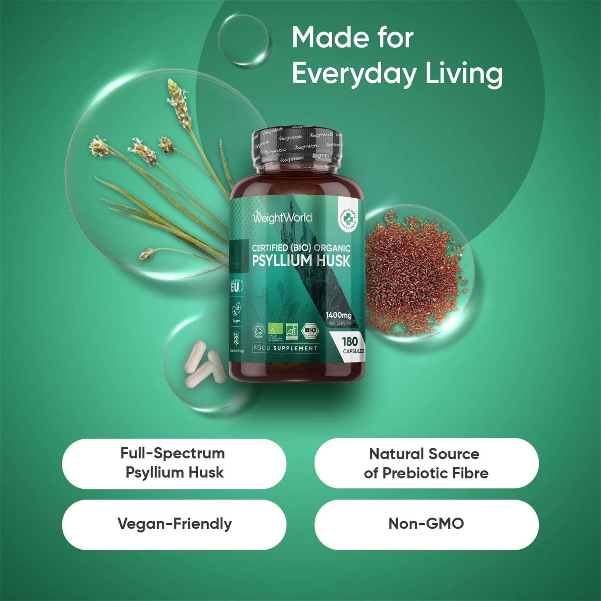 WeightWorld Organic Psyllium Husk Capsules - 3 Months Supply - High Strength Prebiotic Fibre Supplement - 180 Psyllium Husk Powder Capsules