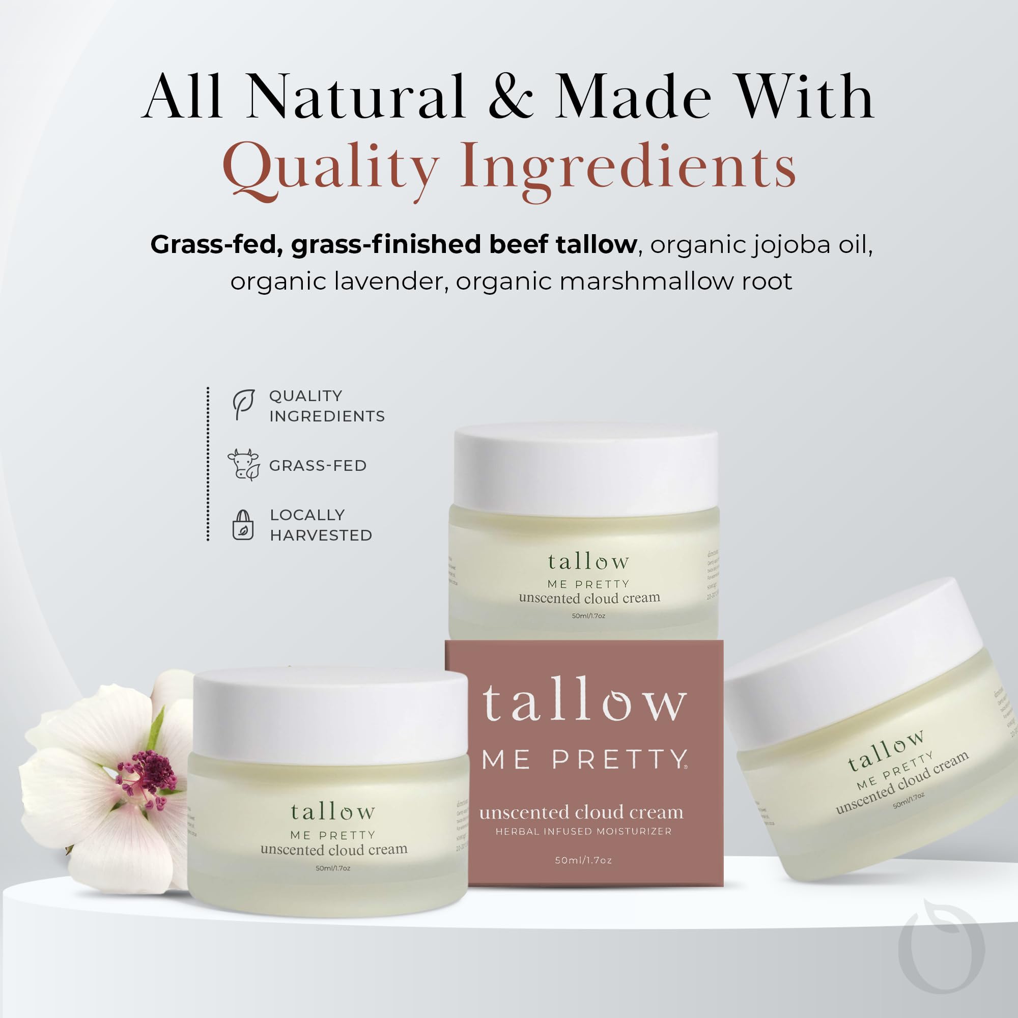 Unscented Cloud Cream, Nourishing Beef Tallow Moisturizer Infused with Lavender and Marshmallow Herbs for Deep Hydration, Soothing Relief, No Essential Oils, Gentle for Sensitive Skin, 1.58 oz