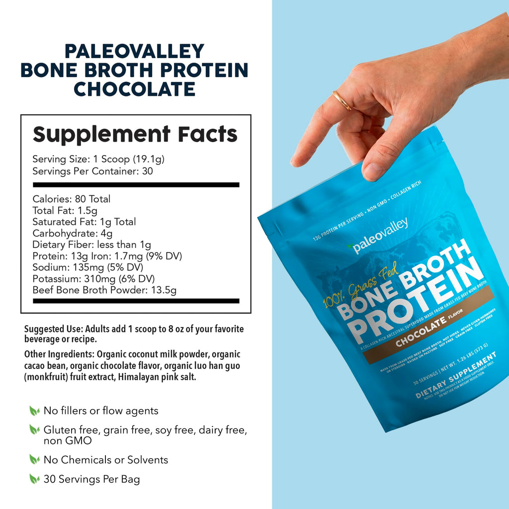 Paleovalley 100% Grass Fed Beef Bone Broth Protein Powder - Rich in Collagen Peptides for Hair, Skin, Gut Health, Bone and Joint Support - 13g Protein Per Serving - No Gluten or GMOs - Chocolate