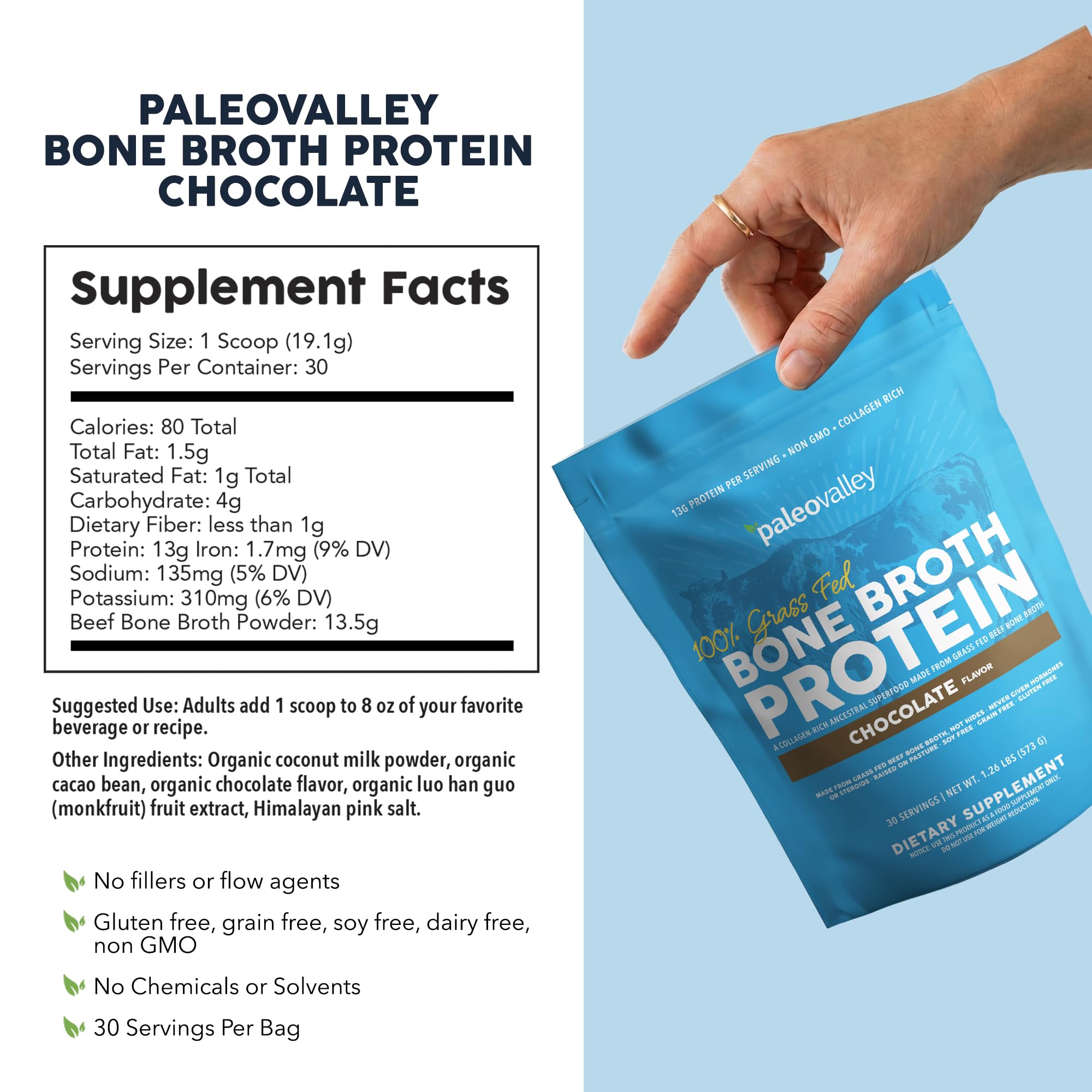 Paleovalley 100% Grass Fed Beef Bone Broth Protein Powder - Rich in Collagen Peptides for Hair, Skin, Gut Health, Bone and Joint Support - 13g Protein Per Serving - No Gluten or GMOs - Chocolate
