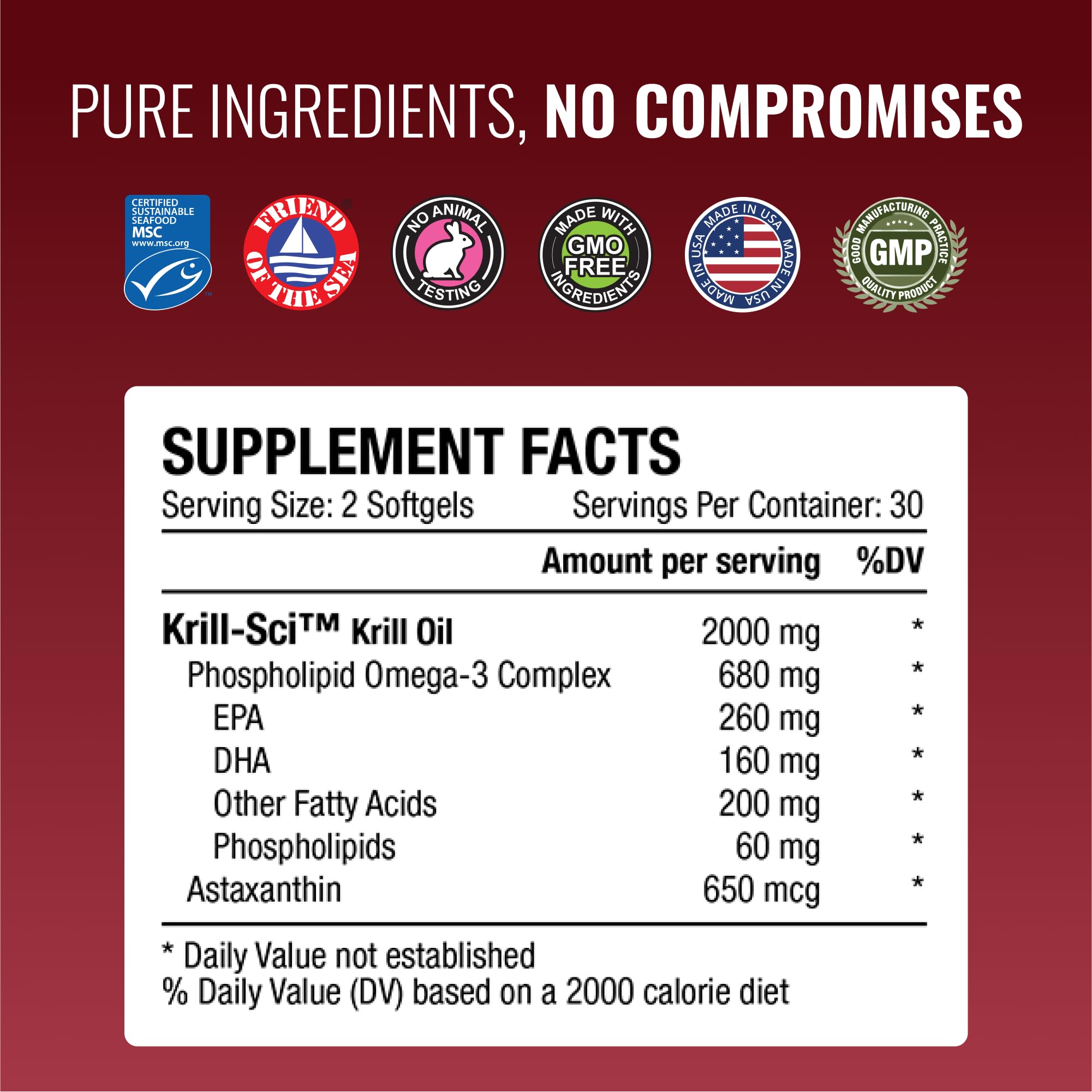Approved Science Krill Oil - 2000mg Antarctic Krill Oil, 650mcg Astaxanthin - 260mg EPA, 160mg DHA - 60 Softgels - 1 Month Supply