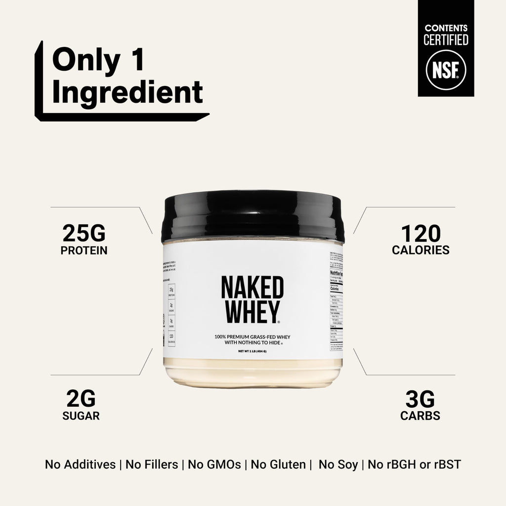 NAKED Whey 1Lb - Only 1 Ingredient, Grass Fed Whey Protein Powder, NSF Certified, Undenatured, No Gmos, No Soy, Gluten Free, Stimulate Growth, Enhance Recovery - 15 Servings