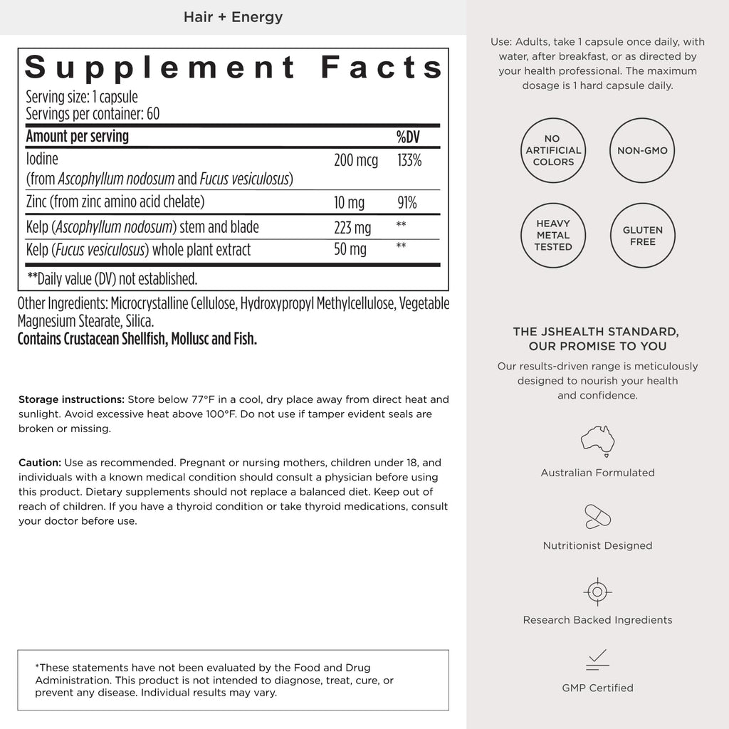 JSHealth Hair Growth Vitamins for Women. Hair + Energy with Kelp Iodine and Zinc. Supports Thickness, Strength, Energy. Nutritionist-Formulated (60 Capsules)