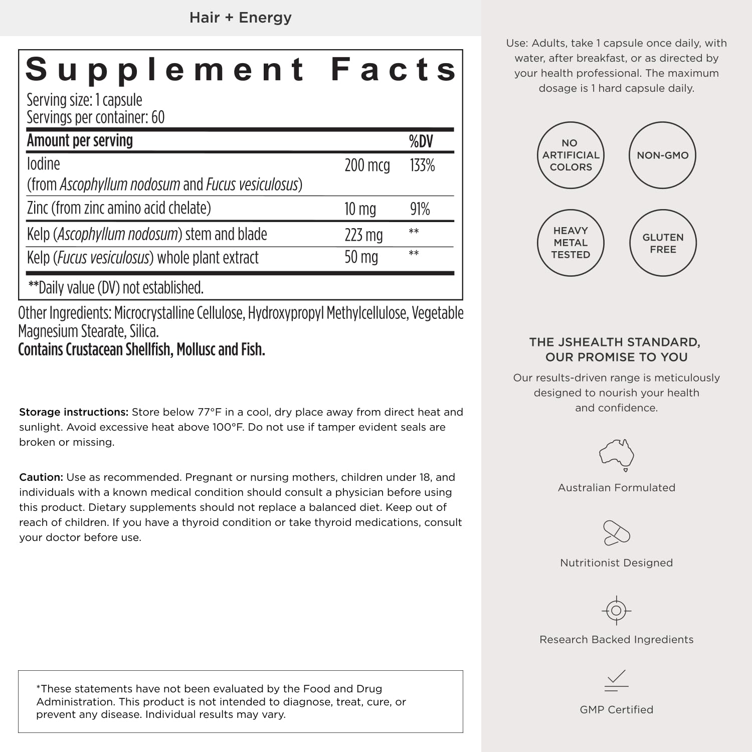 JSHealth Hair Growth Vitamins for Women. Hair + Energy with Kelp Iodine and Zinc. Supports Thickness, Strength, Energy. Nutritionist-Formulated (60 Capsules)