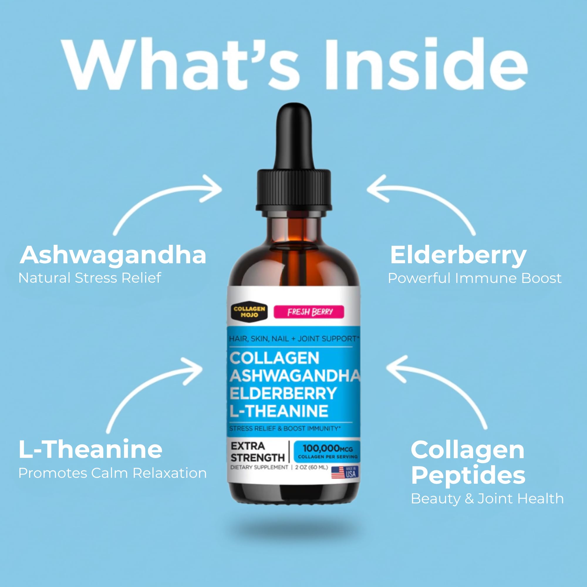 Collagen Mojo - Liquid Collagen with Ashwagandha for Women & Men - Collagen Peptides Drops with L-Theanine - Hair, Skin, Nails, Joint & Stress Relief - Ashwagandha Supplement, 100,000mcg 2 Oz
